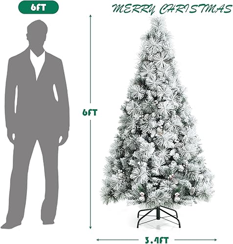 Miniatura 10 de COSTWAY Puntas de purpurina para árbol de Navidad flocadas de 8 pies con cono de pino y bayas rojas