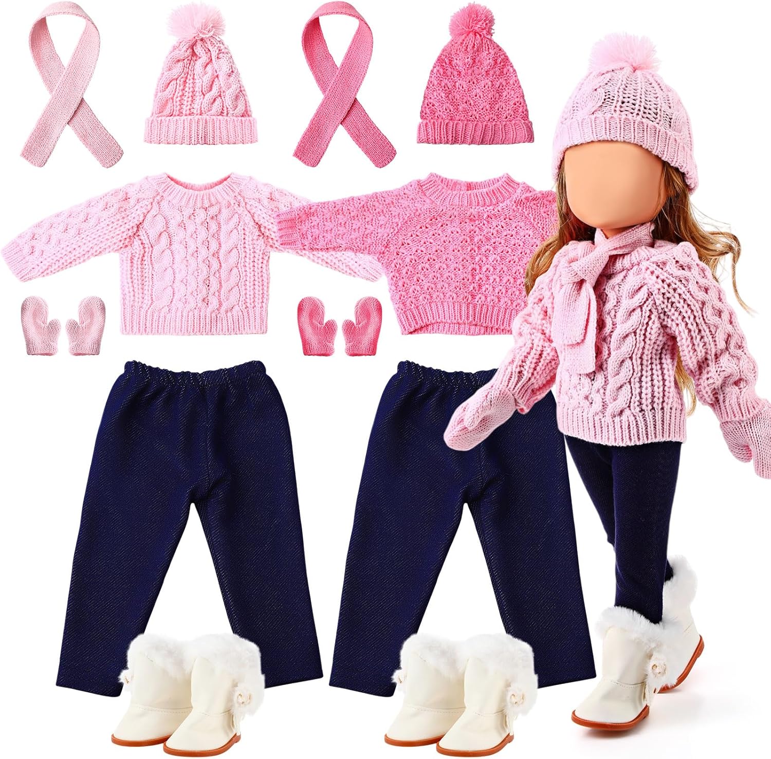 Gemscream 2 Set Christmas 18 Inch Doll Clothes Set for Girls Winter Cute Doll Outfits and Accessories Kit Include Sweater Pants Shoes Hat Gloves Scarf(Pink and Light Pink)