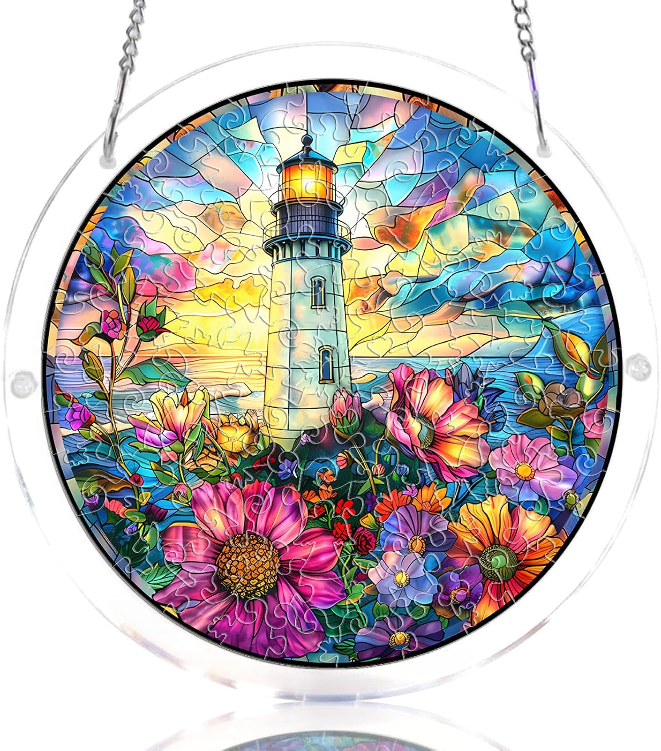 Acrylic Jigsaw Puzzle Suncatcher, Ocean Lighthouse Stained Glass Style Puzzle for Adults, DIY Sun Catchers Indoor Window, Home Decor, Creative Gift for Mothers Day, Birthday, Mom, Grandma-M