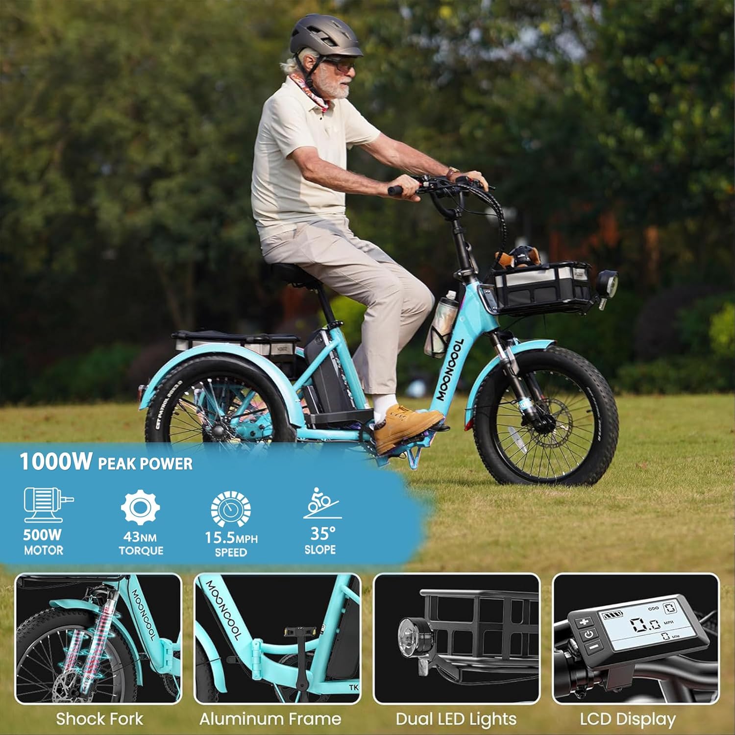 MOONCOOL Foldable Electric Tricycle for Adults, 20" Aluminum Etrike Fat Tire, Peak 1000W 48V 15Ah Rear Differential, Front Suspension, 15.5MPH, 450LBS Payload, 95% Pre-Assembled