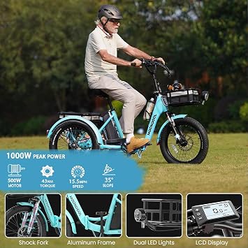 MOONCOOL Foldable Electric Tricycle for Adults, 20 Aluminum E-Trike with Multi-Speed & Long Range Options, Rear Differential, Front Suspension, 450 lbs Max Payload, 95% Pre-Assembled