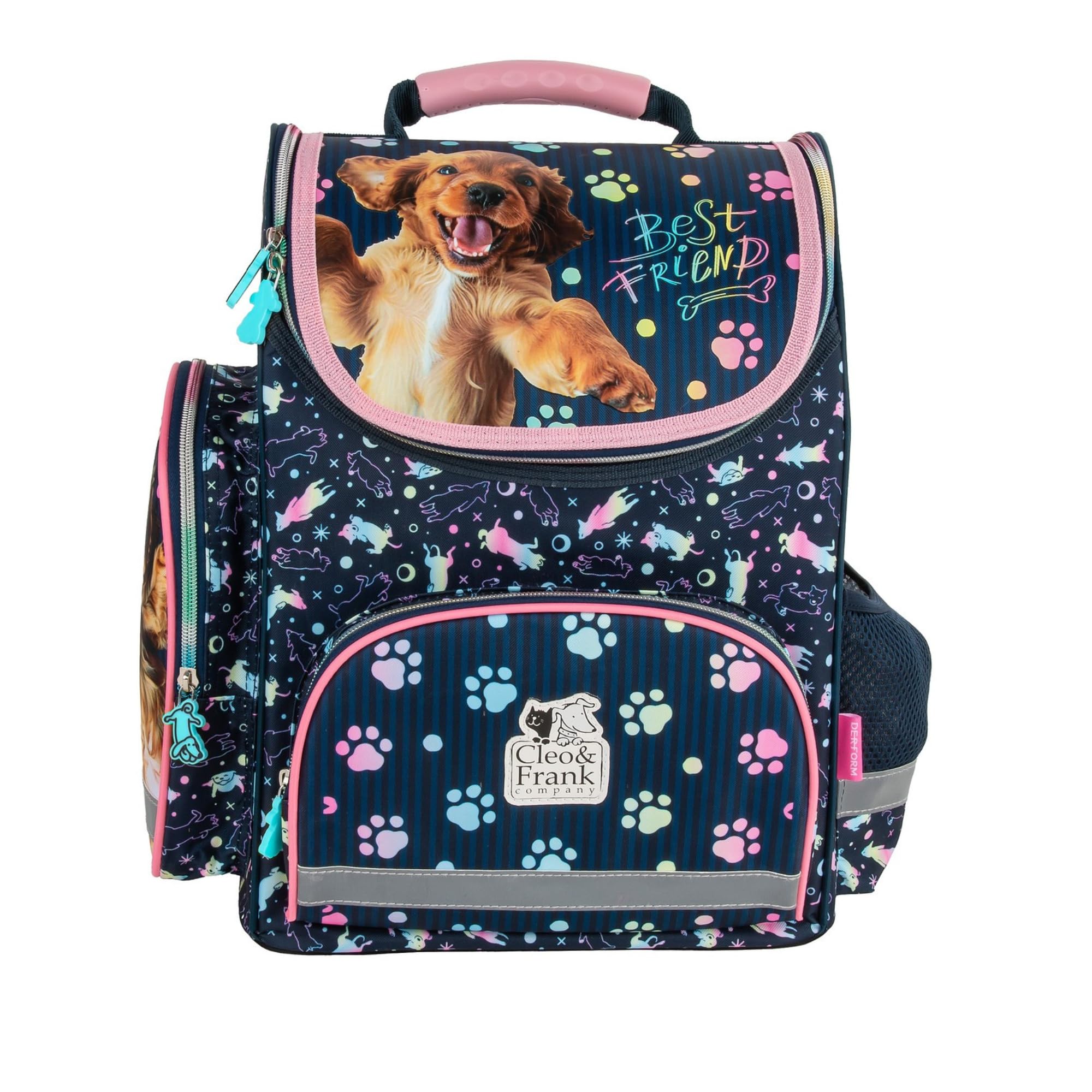 Goldkids - Schulranzen für Jungen und Mädchen, 4er-Set - Schul-Rucksack für Kinder mit Federmäppchen - Schuhbeutel und Hausaufgabenheft - Hund Motiv - 1-3 Klasse