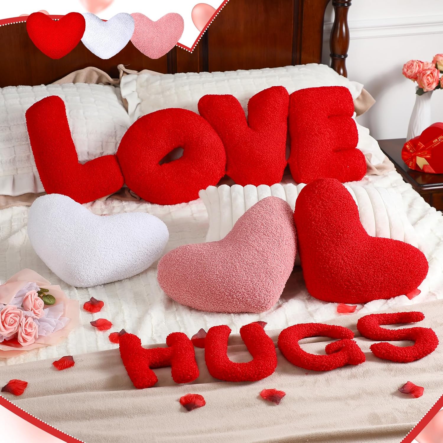 Pickmesh 11 Pcs Valentine‘s Day Heart Shaped Throw Pillows 11.8 Inch Fluffy Love Hugs Decorative Red Pink White Heart Pillows for Couch Bed Sofa Valentine‘s Day Gifts