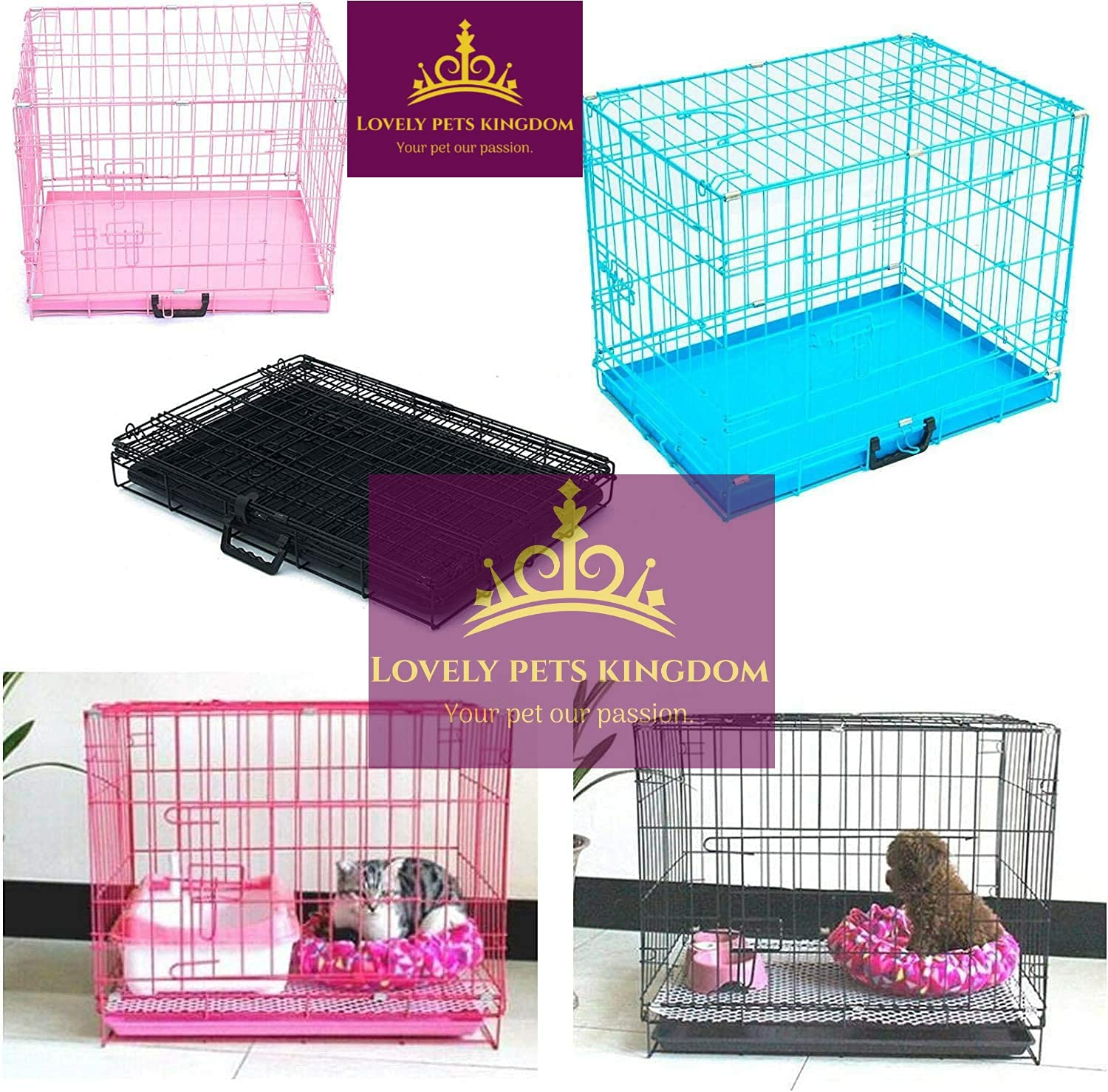 Lovely PET'S KINDOM-Double Door Folding Metal cage with Removable Tray and paw Protector for Dogs,Cats and Rabbits (24 inch Blue) 3