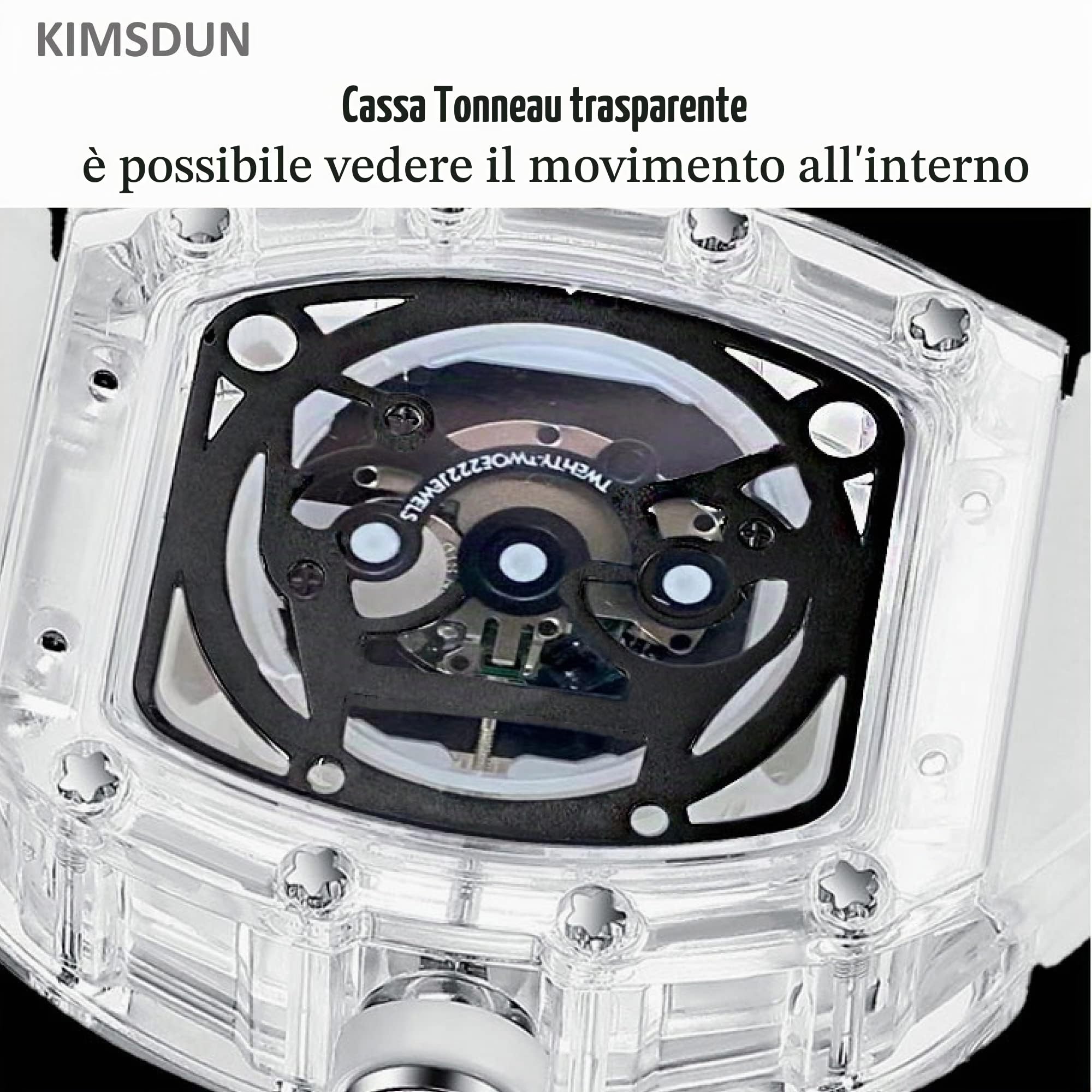 Elegante orologio sportivo con scheletro, impermeabile, analogico al quarzo, con data, calendario, cassa tonneau trasparente, cinturino in silicone per uomo unisex