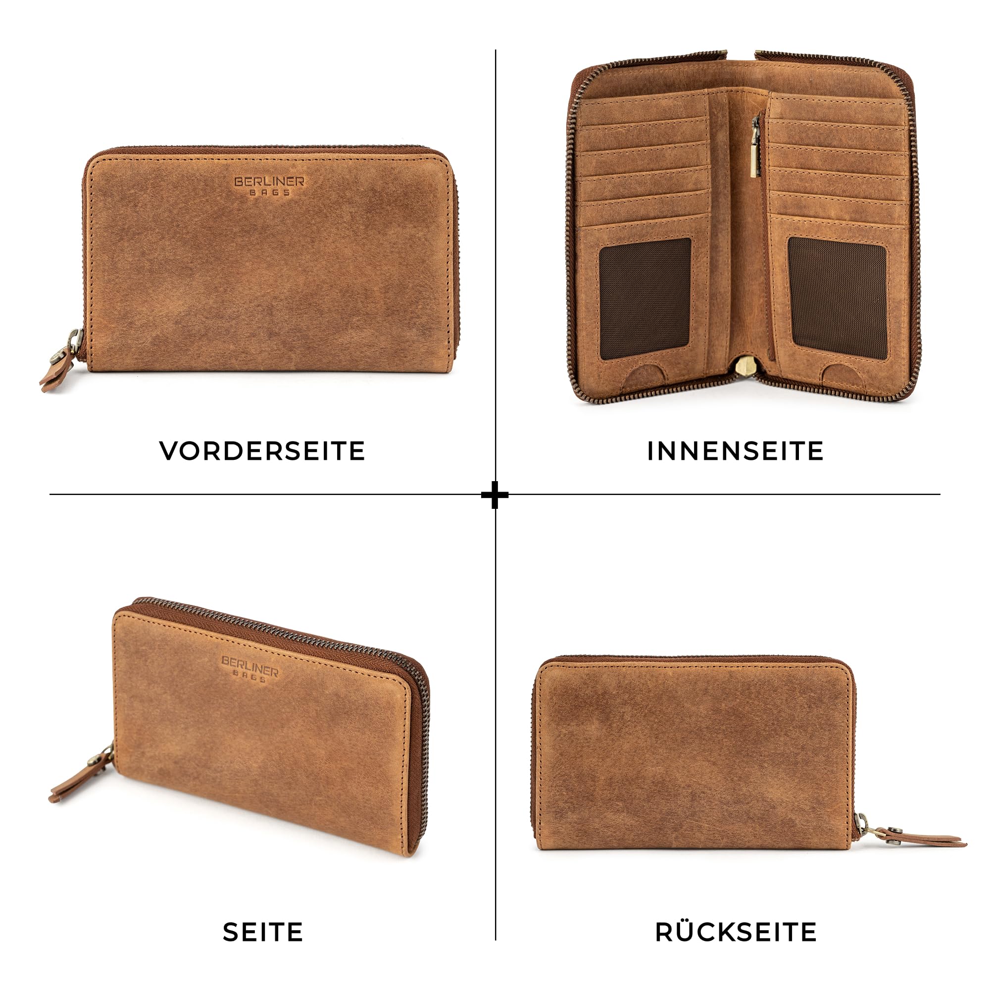 Berliner Bags Vintage Geldbörse Greta, Großes Damen Portemonnaie aus Leder, Brieftasche Geldbeutel mit RFID-Schutz, umlaufendem Reißverschluss & Münzfach für Damen – Braun