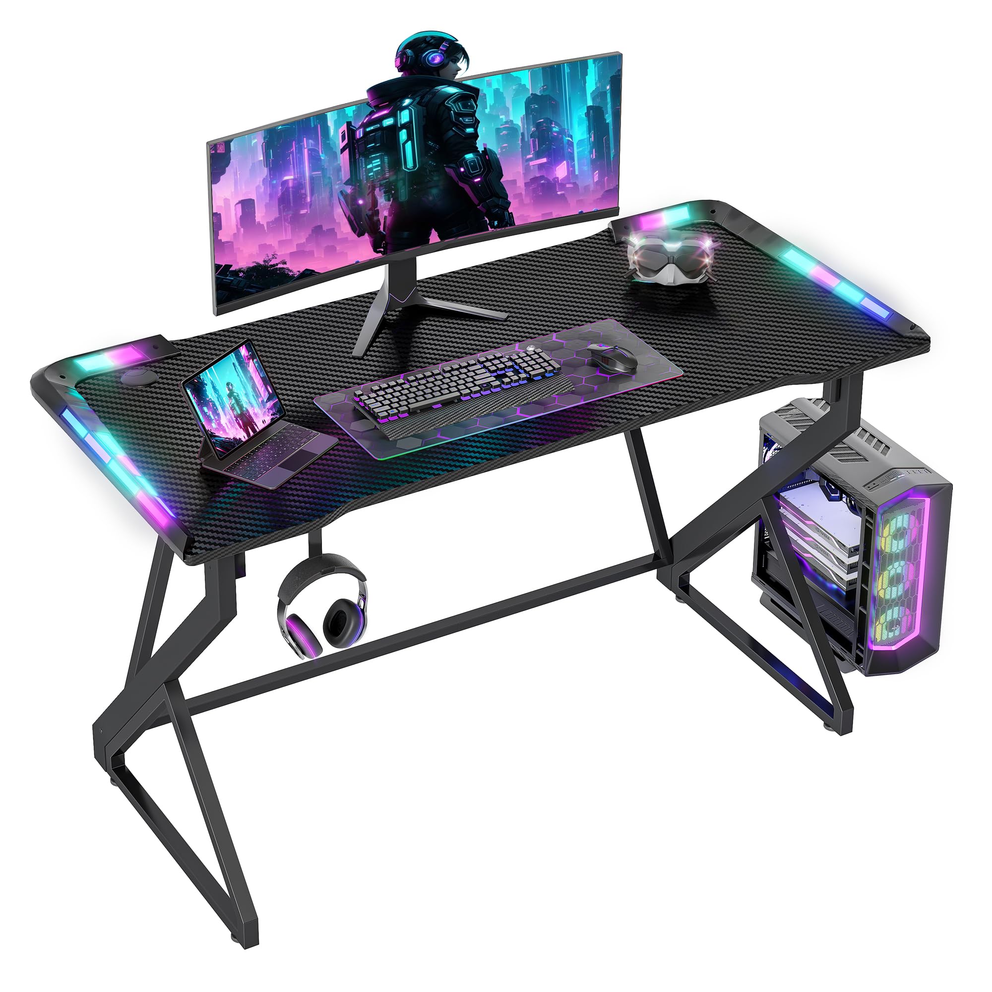 BEXEVUE Gaming Desk with LED Armor, 120x50 cm RGB Computer Desk with Carbon Fiber and Z Frame Design Gaming PC Desk with Head Phone Hook for E-sport Gamer Table, Easy Assemble Home Office desk, Black