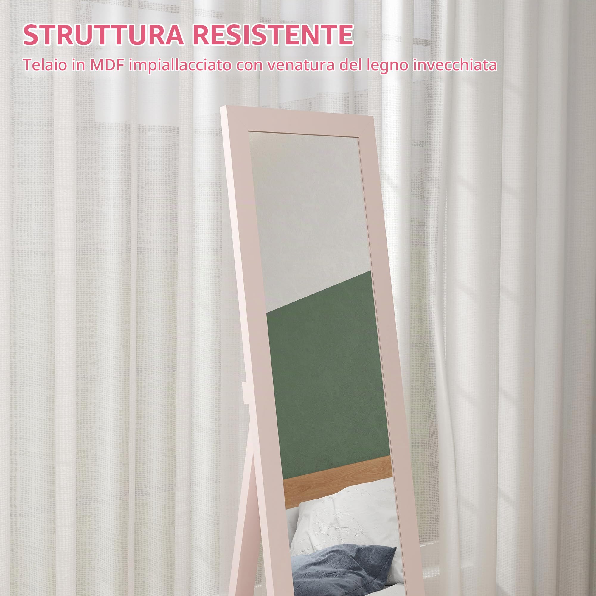 HOMCOM Specchio intero da terra 157x37cm con supporto rosa perlato chiaro
