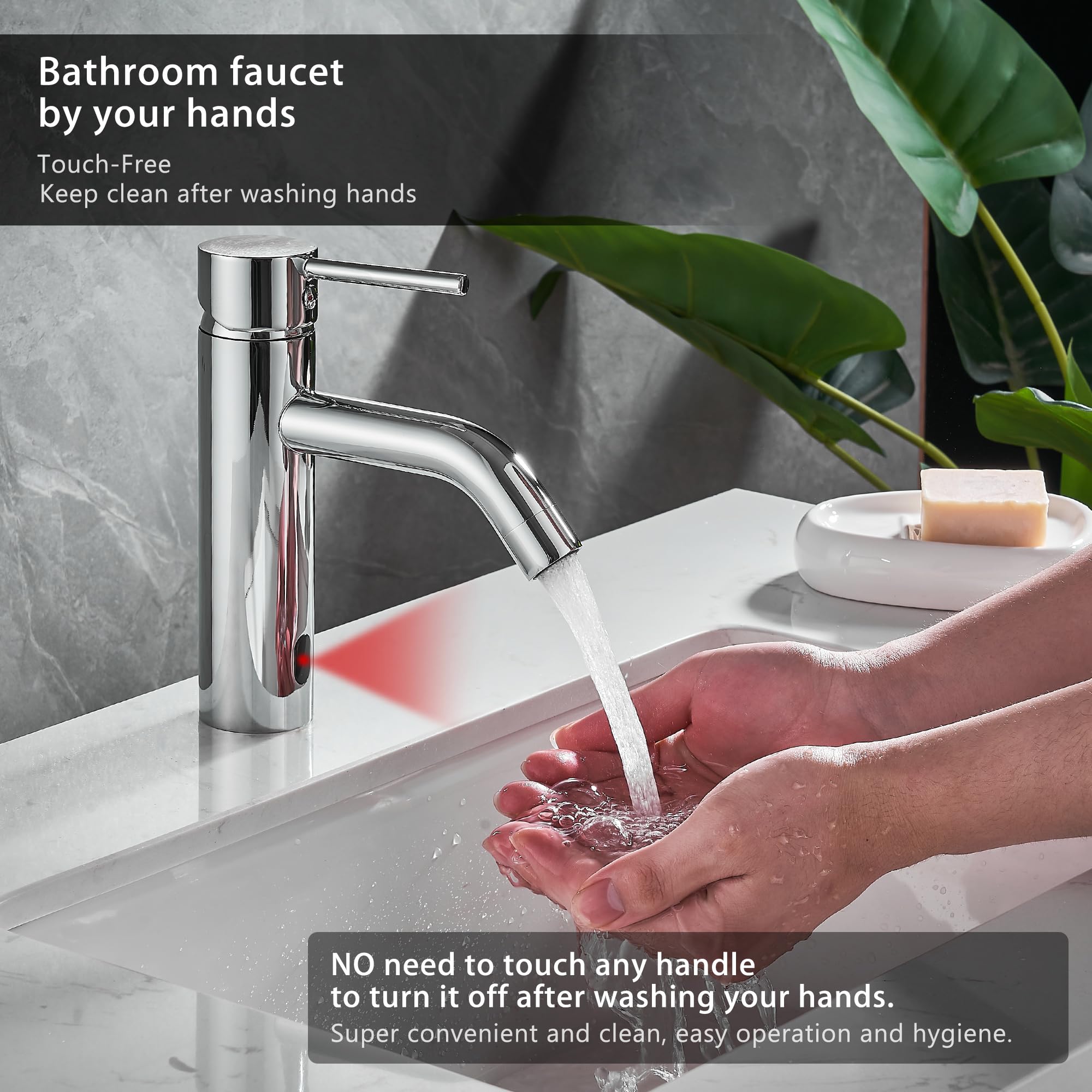 Rubinetto con Sensore Infrarossi Automatico per Lavabo Bagno - Miscelatore in Acciaio Inossidabile - Batteria - Cromo Argento