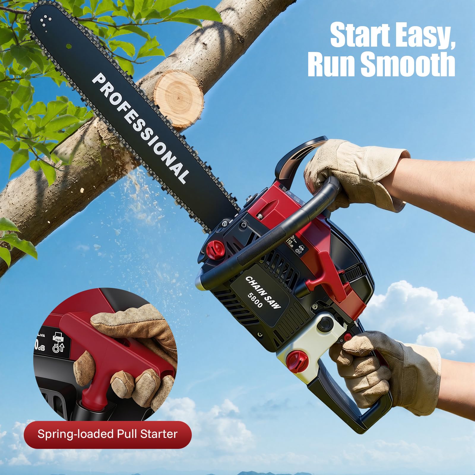 Motosierra de gasolina de desplazamiento de 58 cc, 2400 W, longitud de la cadena 50 cm, diámetro máximo de corte 50 cm, arranque de tracción automático, para cosecha de madera, jardinería y corte de