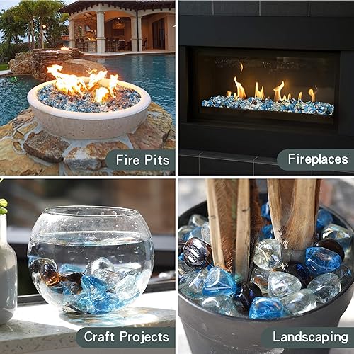 Miniatura 6 de Mr. Fireglass - 4,53 kg de diamantes de vidrio ignífugo mezclados para chimenea y lugar para fogatas y paisajismo - 2,54 cm de rocas de fuego de