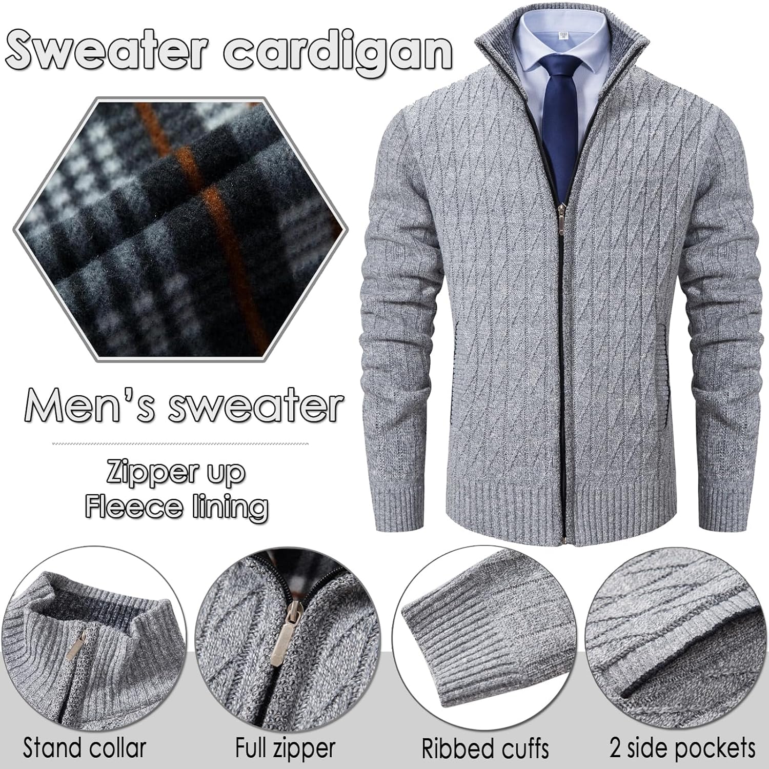 XinYangNi Men's Cardigan Sweaters Knit Zipper Casual Slim Fit Stand Collar with Full Zip and Pockets - Image 2