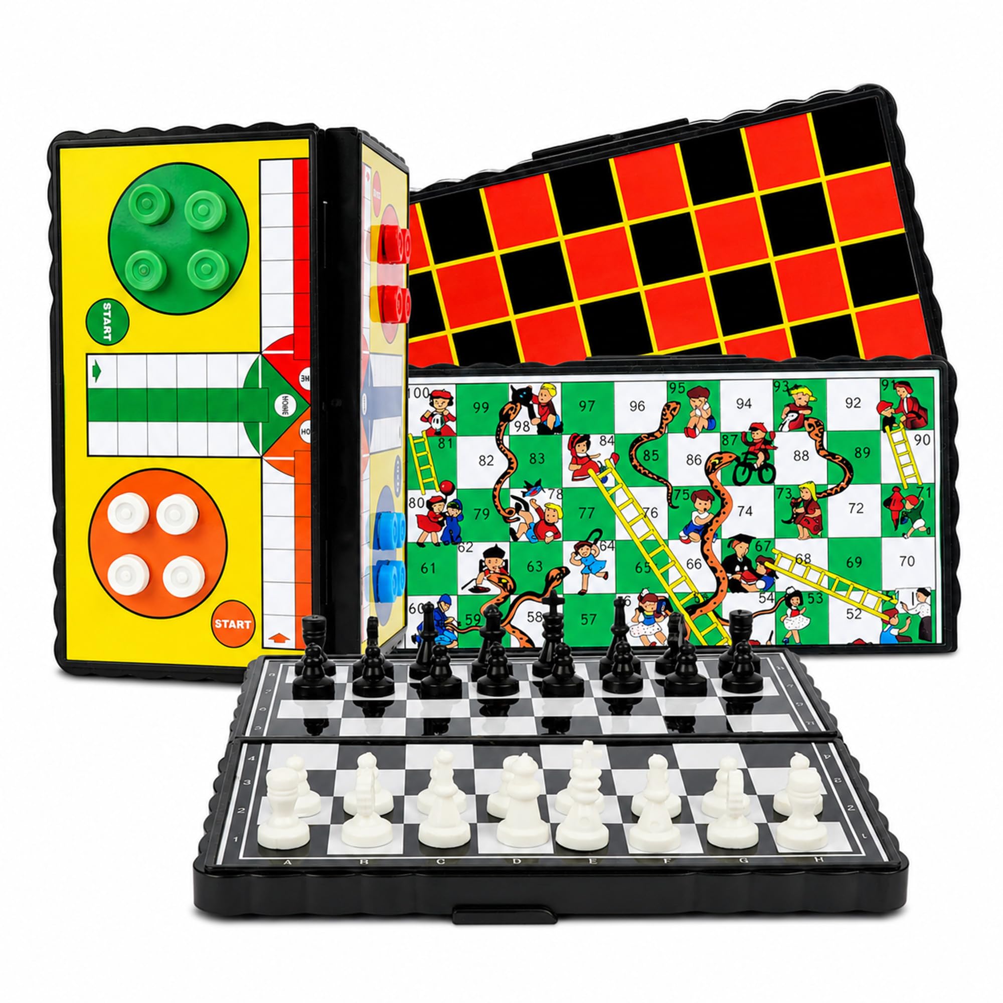 Navoys 4 Travel Mini Classic Games Set | Compact Magnetic Board Games with Chess, Draughts, Ludo & Snakes and Ladders | Foldable Portable Game Set for Holidays, Trips & Family Fun