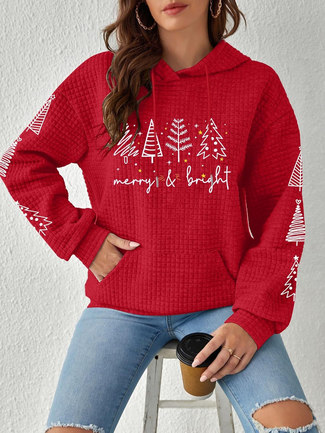 LUKYCILD Christmas Hoodies for Women Merry Christmas Sweatshirts Waffle Knit Pullover Graphic Hooded Sweatshirt with Pocket - Image 5