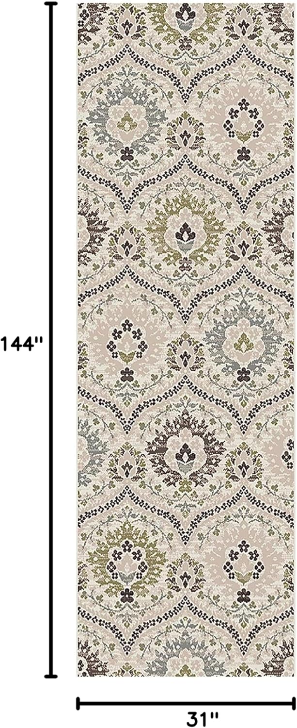 Superior Indoor Area Runner, Jute Backed, Modern Oriental Floral Damask Floor Decor for Office, Living Room, Bedroom, Entryway, Dining/Kitchen, Hardwood, Augusta Collection, 2' 7" x 12', Beige-Brown