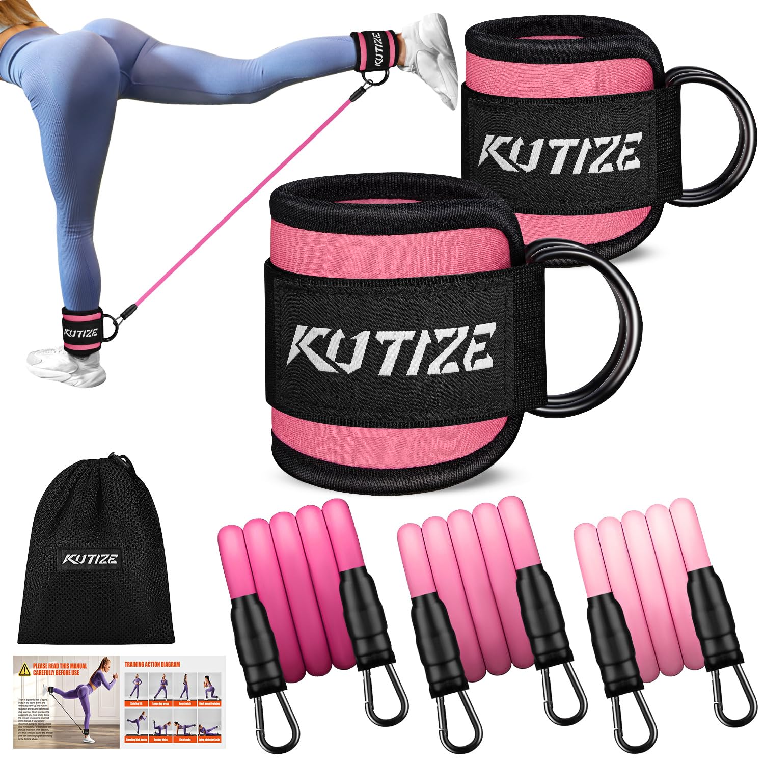 Bandas de resistencia al tobillo con puños y guía de entrenamiento, equipo de entrenamiento de piernas/glúteos para mujer para fitness en casa, bandas de ejercicio de empuje de cadera