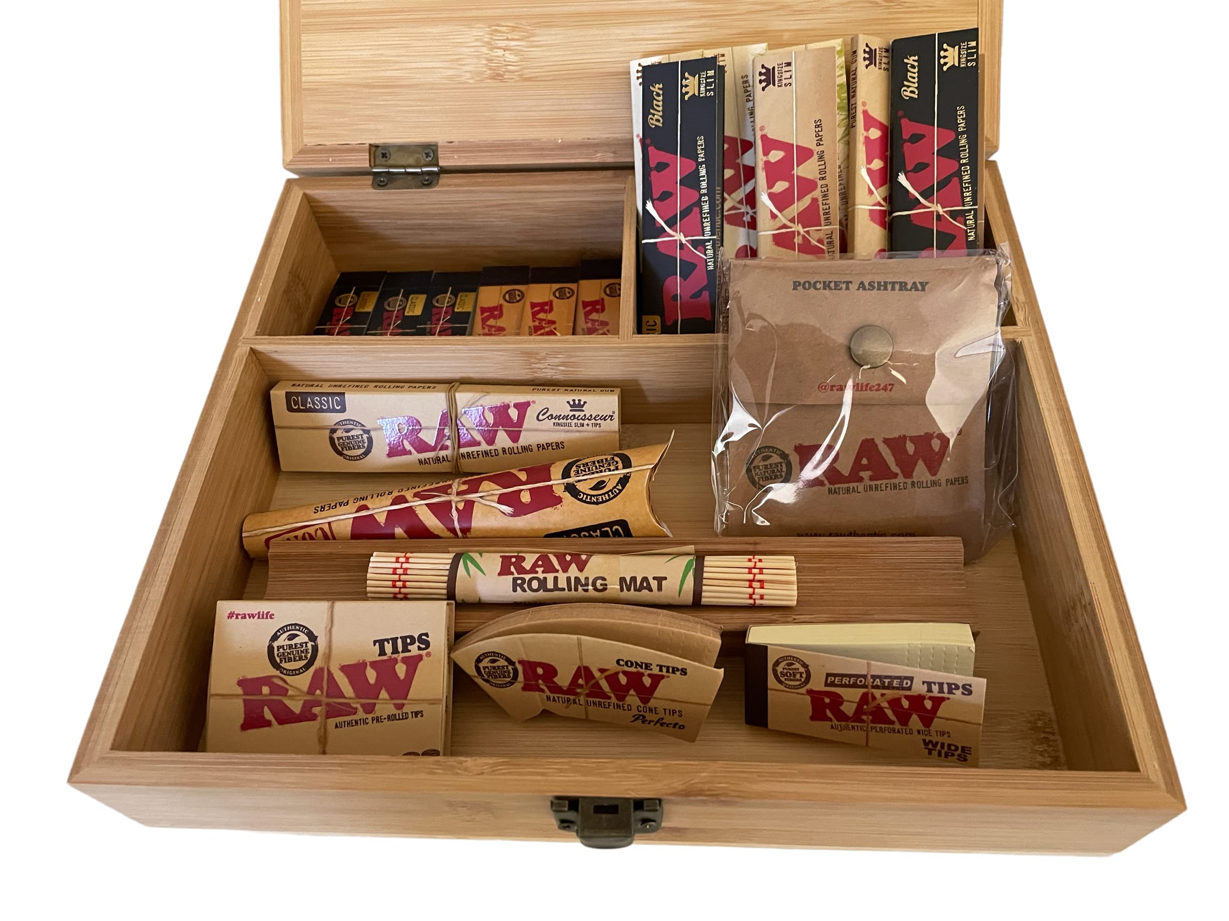 Smokers Store RAW Gift Set in SPARKYS XL Wooden Rolling Stash Box - Papers - Tips - Mat - Cone