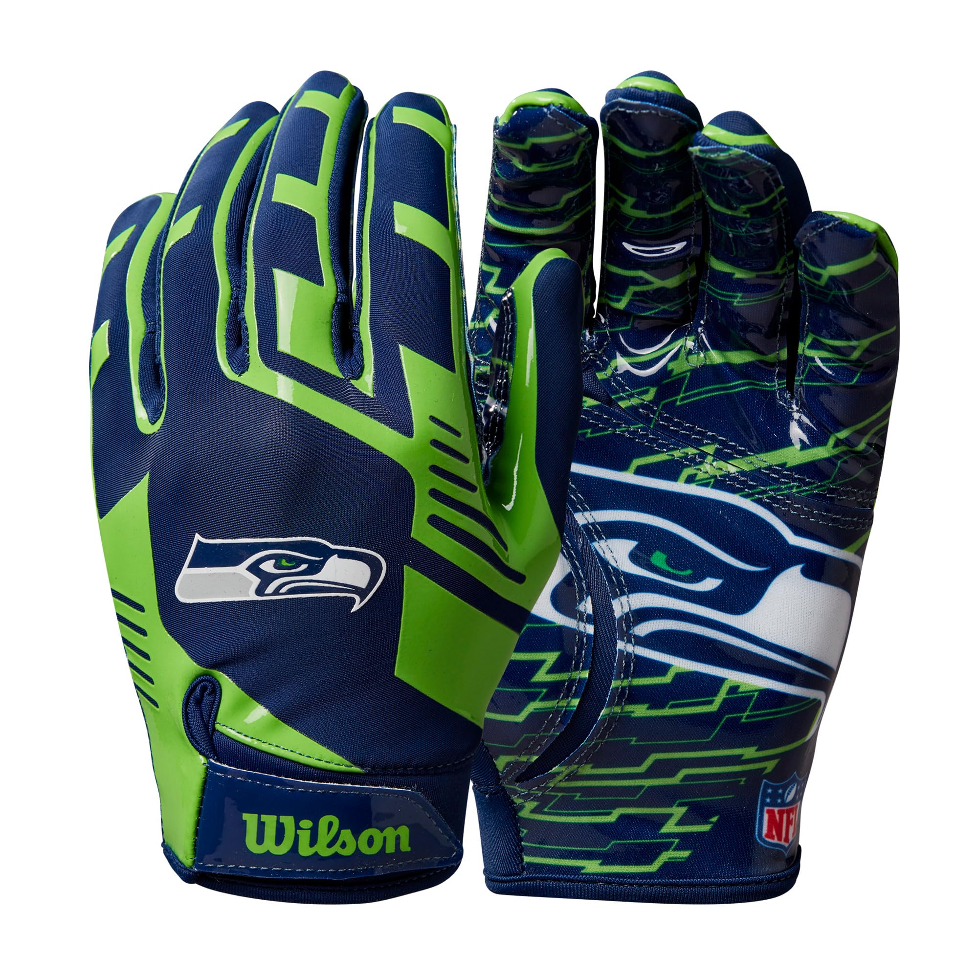 Wilson AD NFL Stretch Fit Football-Handschuhe, Hervorragende Passform und sicherer Grip, Aus atmungsaktivem Material, Optimale Performance, Team: Seattle Seahawks, Farbe: Grün/Blau, Erwachsenengröße