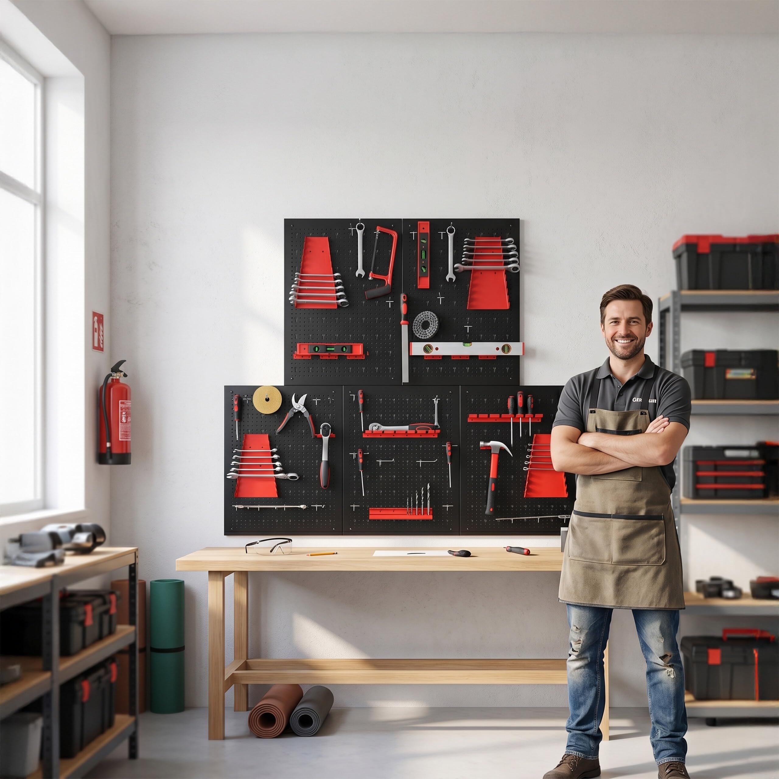 Relaxdays Paneles Perforados para Herramientas, 5 Unidades, 48 Accesorios, 60 x 40 cm, Metal, Taller, Negro/Rojo