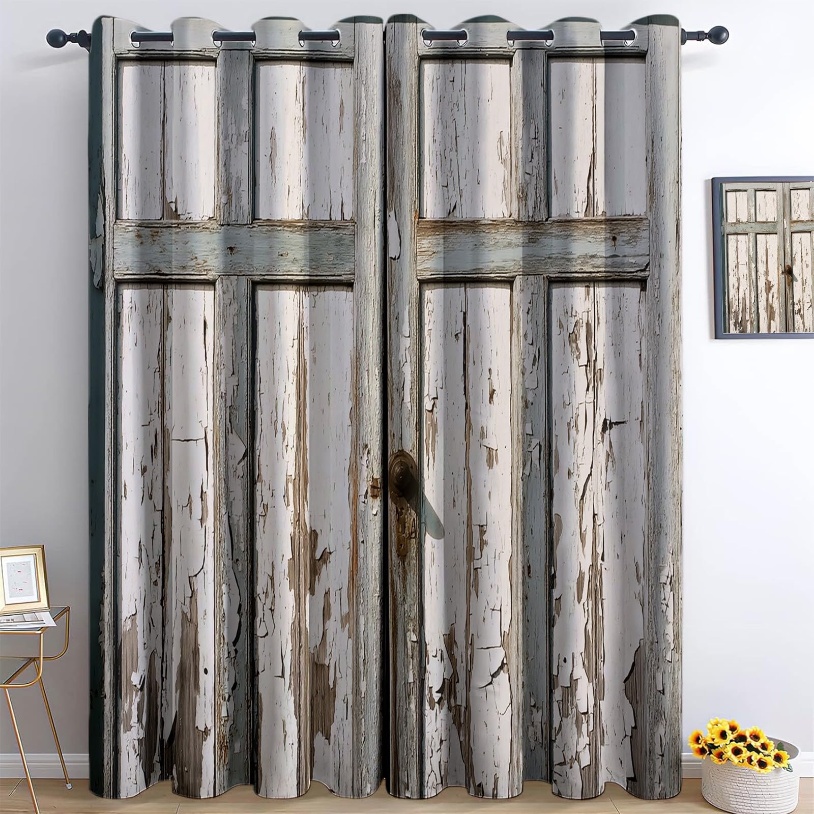 Tende Oscuranti per Interni 2 Pezzi 140x260 cm (LxA), Vintage Wooden Door Rural Farmhouse Style Tenda Coprente per Soggiorno, Termiche Isolanti Tendaggi con Anelli Finestra per Salotto