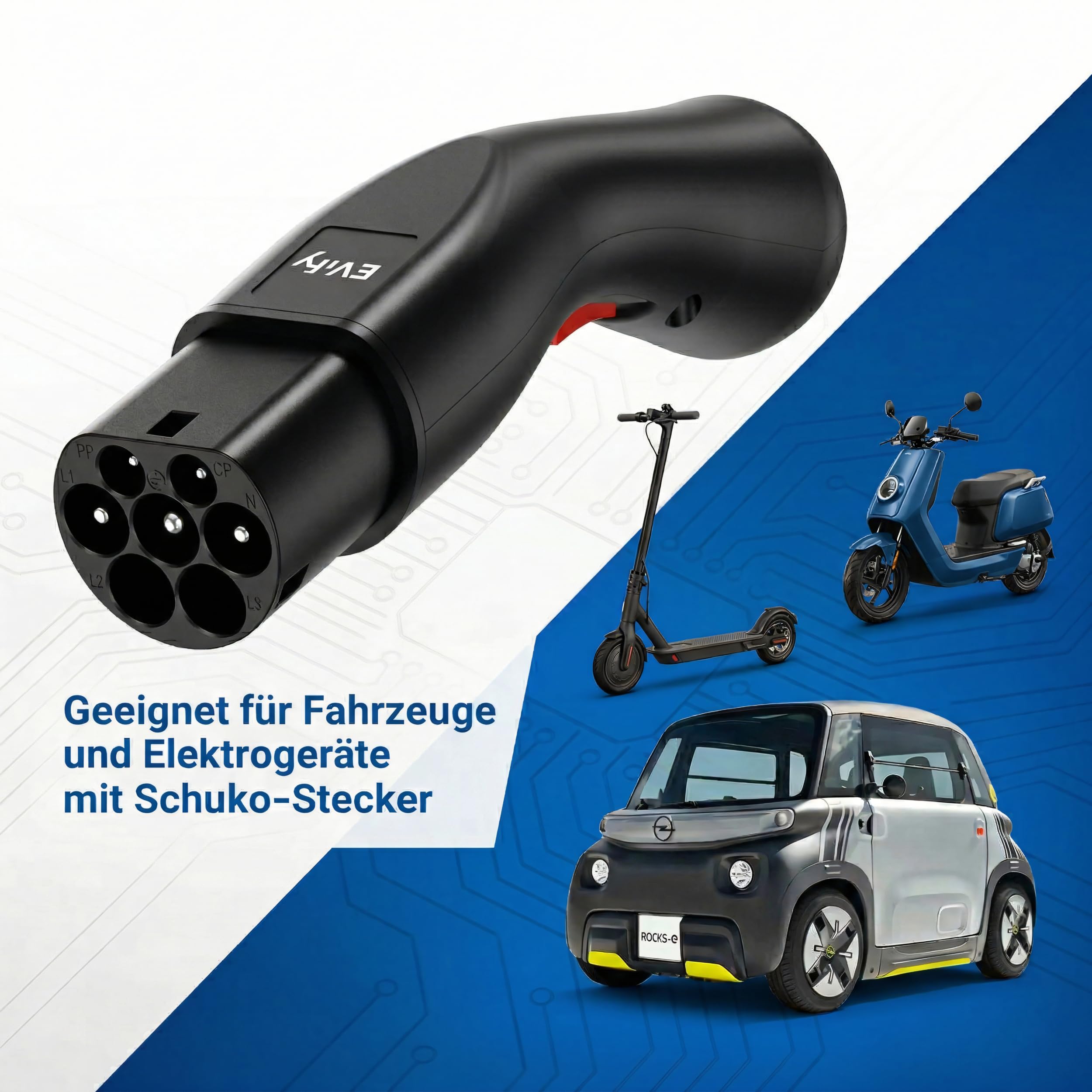 Typ 2 auf Schuko Adapter mit Entriegelung für Ladesäule 16A 3,7kW - Kein Steckenbleiben dank Start- und Stopp-Schalter für E-Bike, E-Scooter, Motorrad
