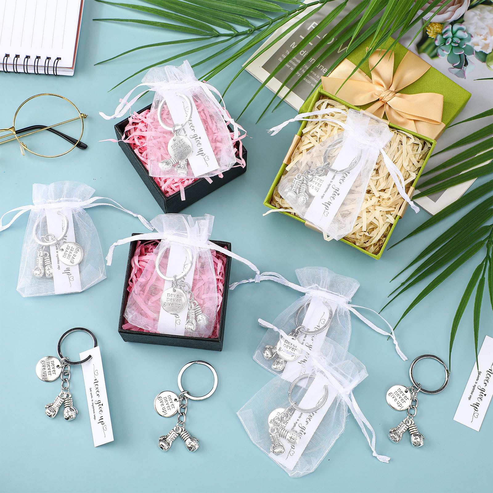 24 Pack Never Give up Keychains Inspirational Gift for Women Men Charm Keyring with Thank You Tag and Organza Bag