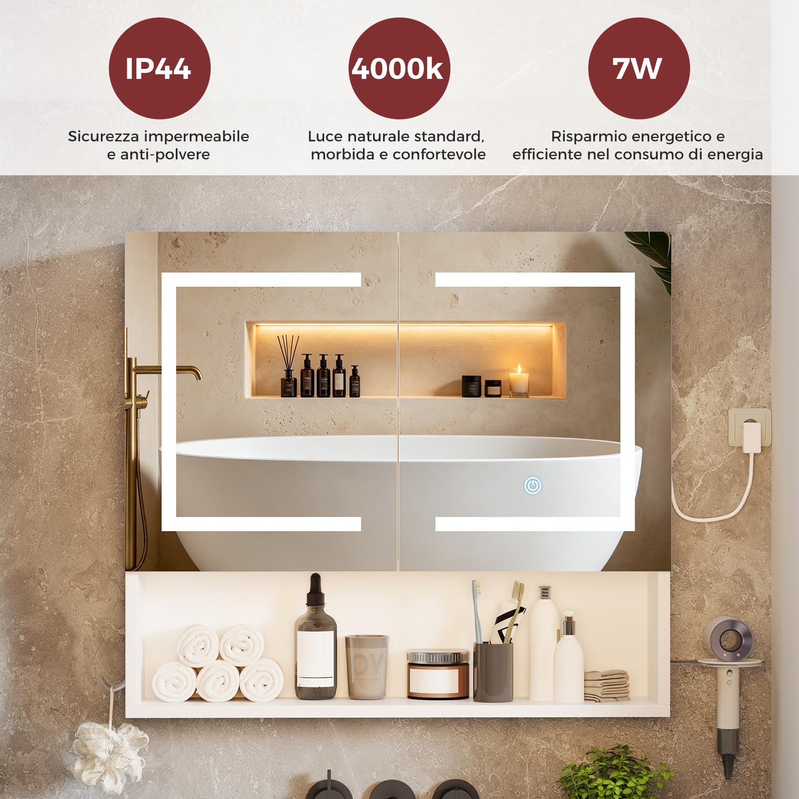 ELUCHANG Armadio da bagno con specchio e illuminazione a LED,Specchio Bagno Contenitore, ripiani regolabili,Porta Asciugacapelli e Asciugamani, Mobile Bagno con Specchio a Due Ante,60X14X60CM,Bianco