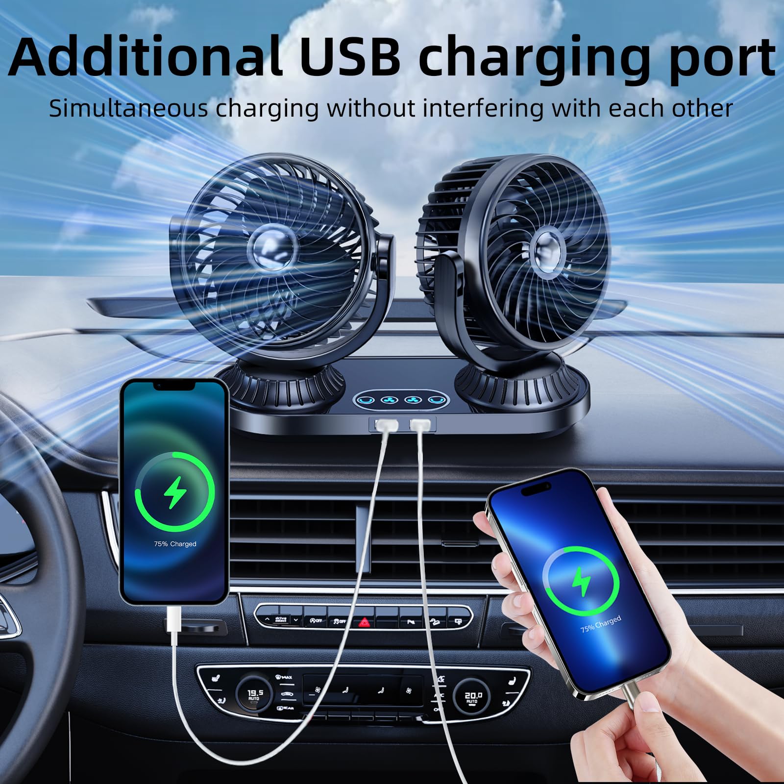 Ventola per auto a doppia testa, 12 V, 24 V, universale, oscillante a 270°, per veicoli, con 2 porte di ricarica USB, rotazione a 360° che soffiano aria fredda per camion SUV