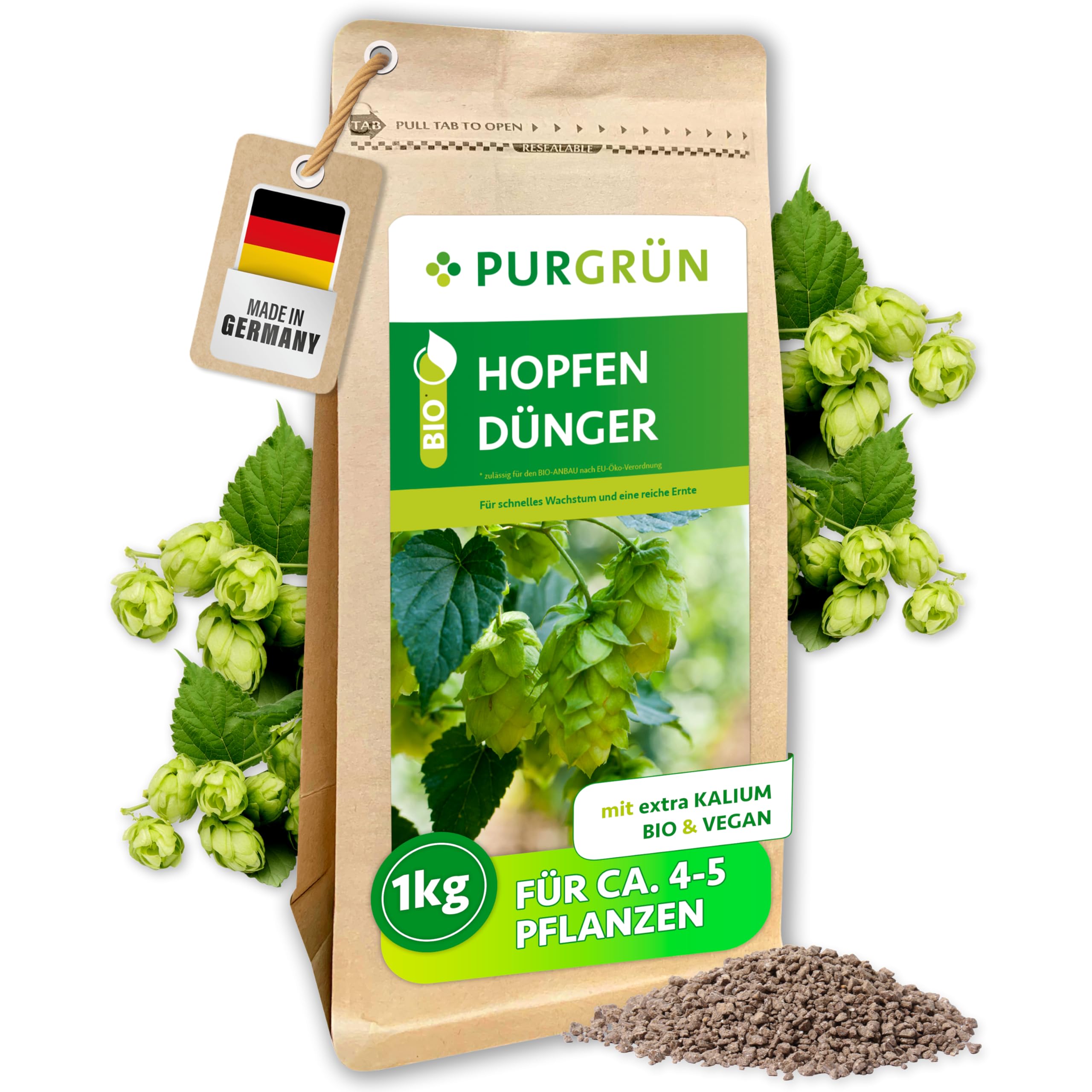 Bio-Hopfen-Dünger 1 kg – Organische Rezeptur – Feinkörniges Krümelgranulat – NPK 6+2+7 – Extra Magnesium für prächtigen Hopfen – Zur Verbesserung der Bodenqualität - Vegan