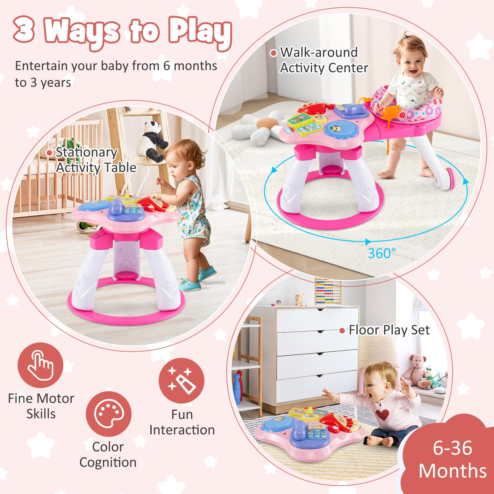 BABY JOY 3 in 1 Walk Around Baby Activity Center, Discovery Play Center with Interactive Toys & Music, Wheels, 3 Adjustable Seat Heights, Toddler Activity Table for Boys Girls 6-36 Months (Pink)