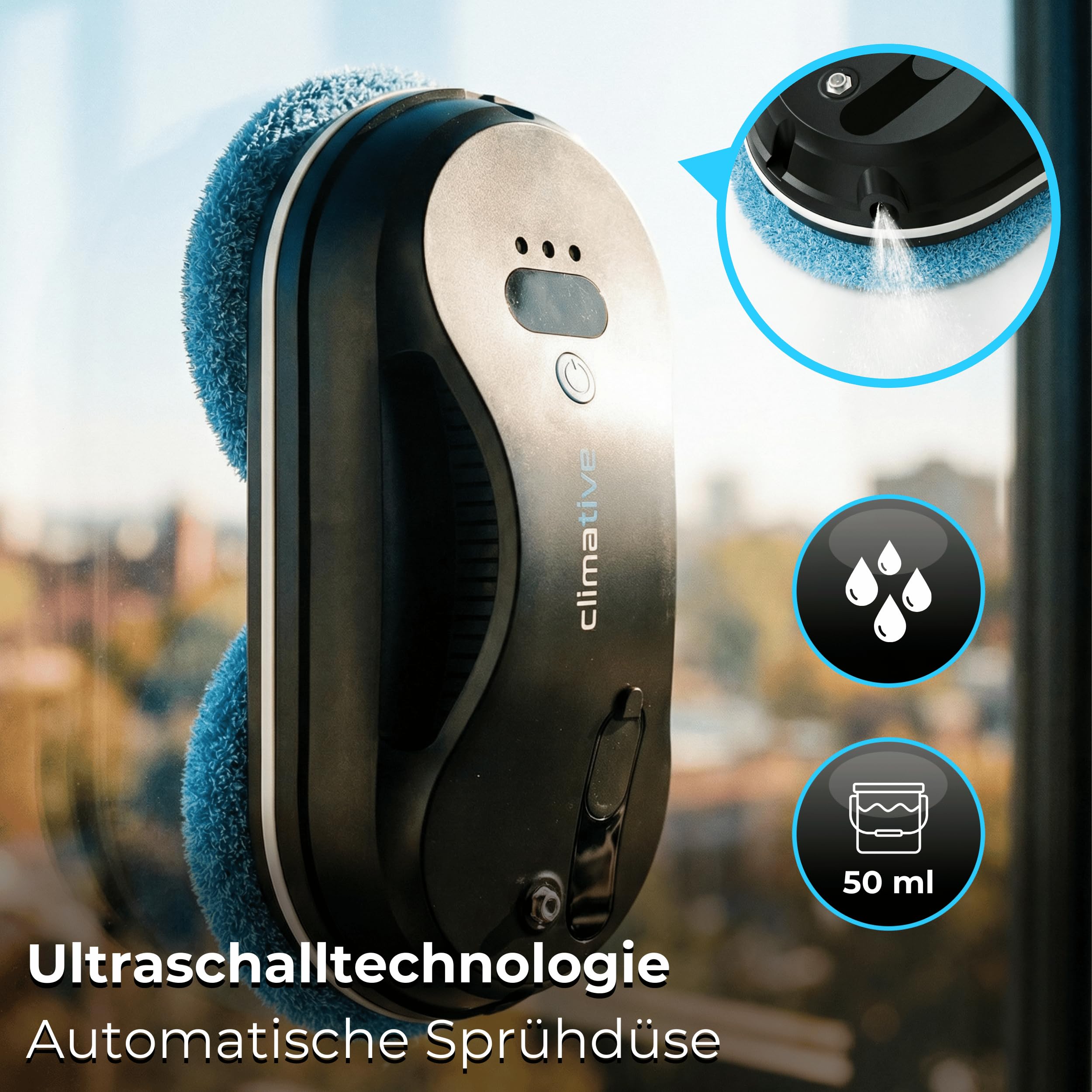 Fensterputzroboter mit Ultraschall-Sprühfunktion, 6600Pa, USV-Sturzsicherung, Kantenerkennung, Hochhausfenster, WiFi Smarte App, Fensterroboter, Fenstersauger, Fensterreiniger, Glasreiniger, 10 Pads