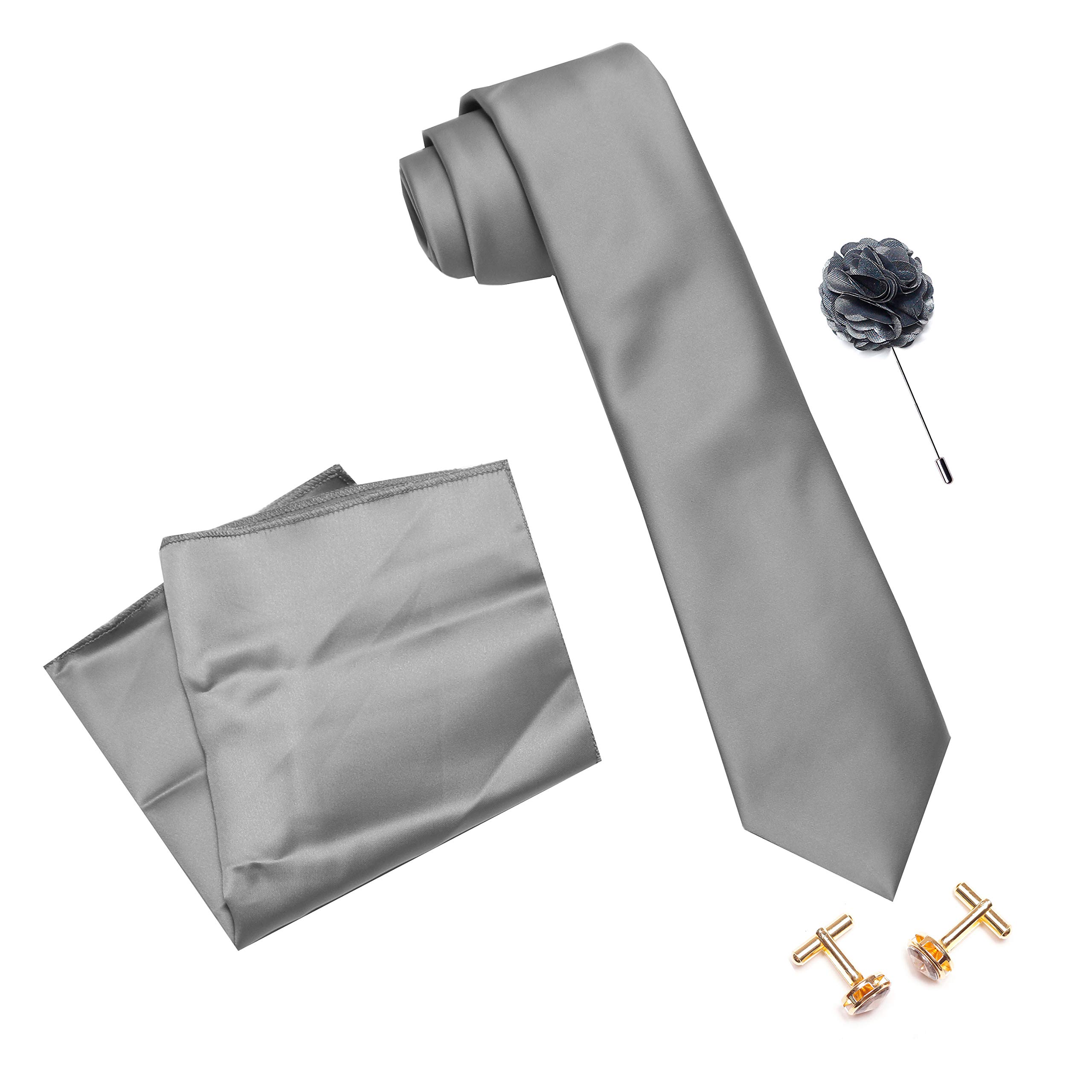 nu-Lite Tie for Men Micro Silk Neck Ties Set with Cufflinks Flower Pin, Pocket Square & Black Gift Box, Combo Necktie Sets for Office Wear, Formal Suits & Weddings (0, TieP6nuLite)