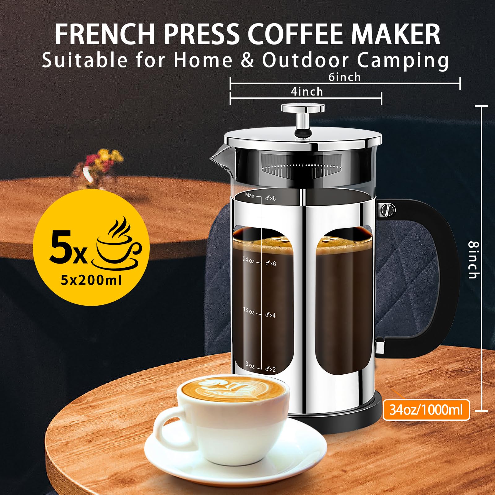 YMMIND Cafetera de prensa francesa (34 onzas, 1 cuarto de galón, 5-6 tazas), con sistema de 4 filtros, vidrio de borosilicato de grosor resistente al calor, taza de café en frío, regalos (plateado)
