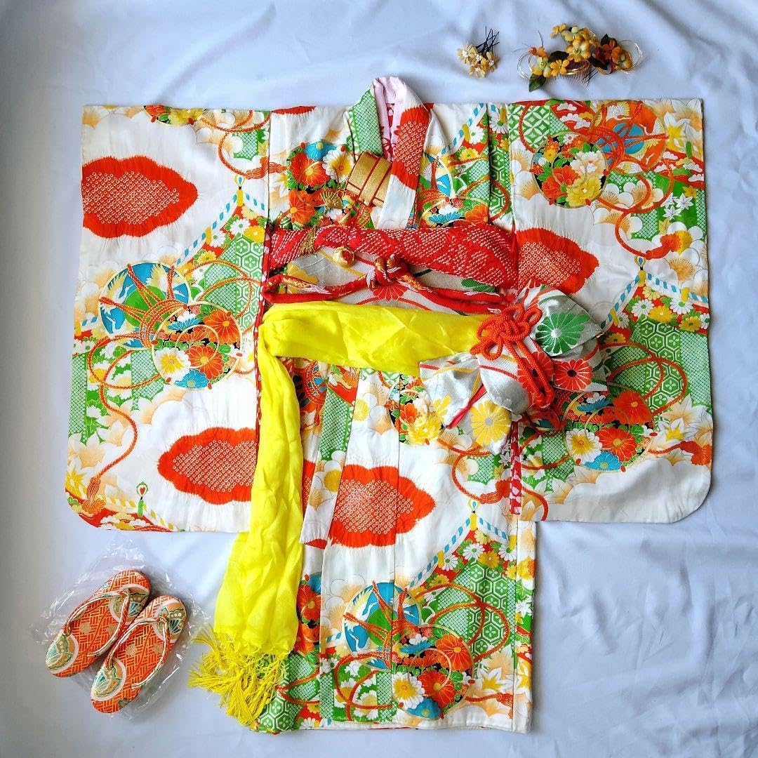 七五三 5歳　女の子　着物セット　緑　黄色　レトロ　モダン　絞り　髪飾り　作り帯 七五三 5歳 女の子 着物セット 緑 黄色 レトロ モダン 絞り 髪飾り 作り帯