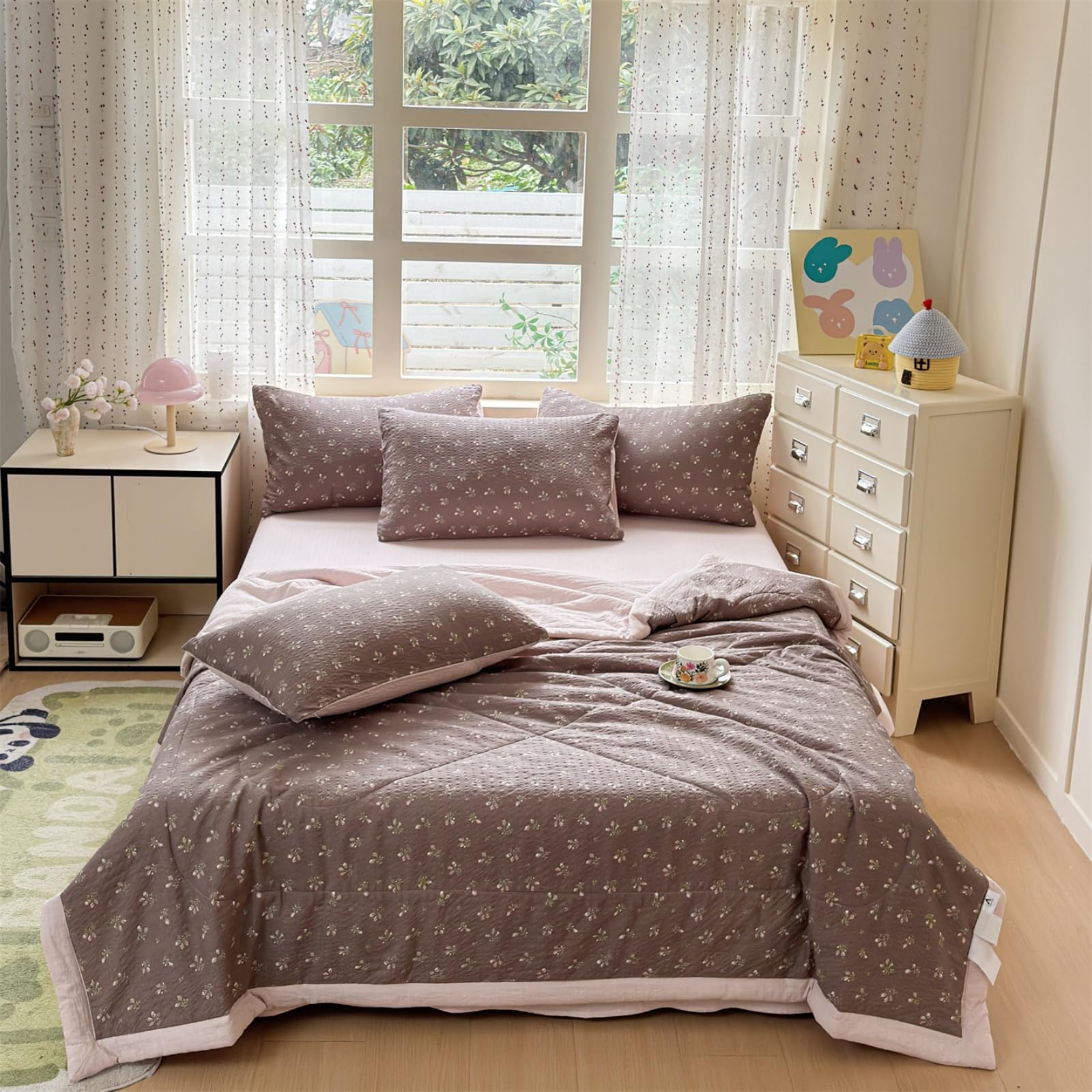 Colcha acolchado para cama de verano manta refrescante flores marrones