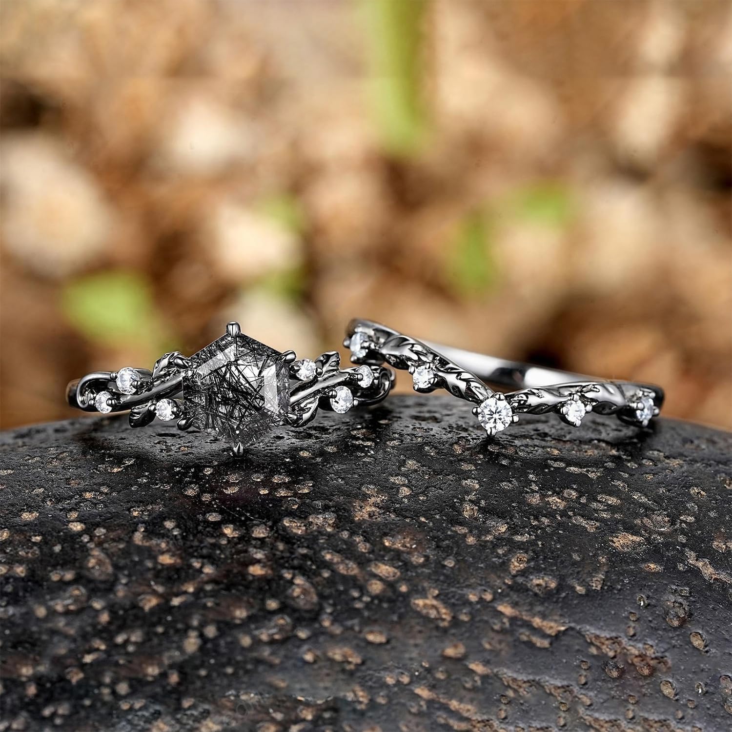 Nature Black Rutilated Quartz Engagement Rings Set for Women 1.5CT Hexagon Cut Rutilated Quartz Black Gold Plated Silver Leaf Bridal Wedding Ring Set Jewelry Gifts for Her,Style1,Size9