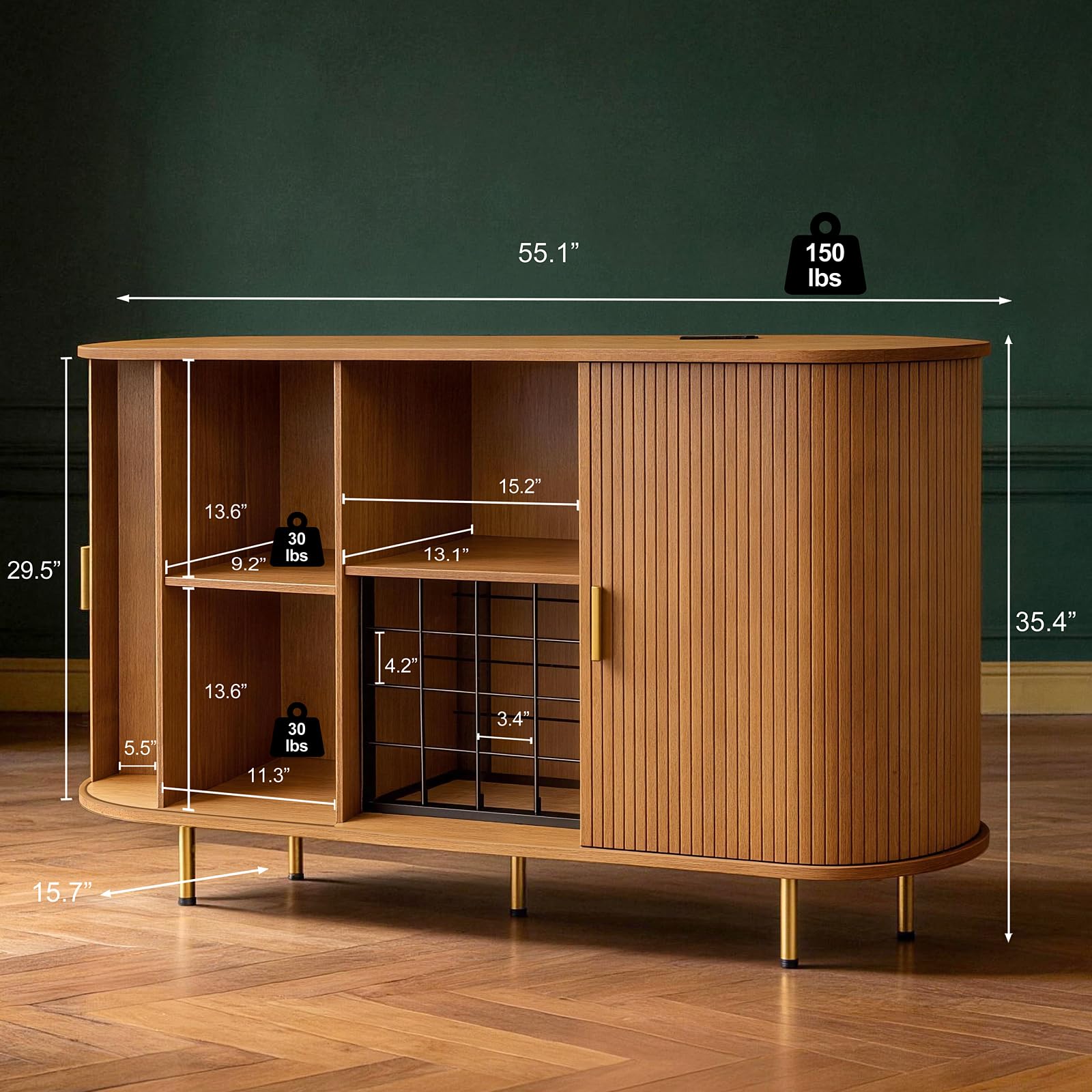 DHH 55" Wine Bar Cabinet with Storage, Fluted Liquor & Coffee Bar Cabinet with Wine Rack and Glass Holder, Buffet Sideboard with LED Lights for Home Kitchen Living Dining Room(Yellow Walnut)