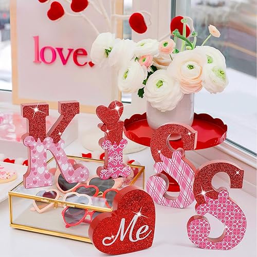 Miniatura 6 de Letreros de madera para decoración del día de San Valentín, decoración de mesa con letras independientes con purpurina, decoración de mesa KISS ME,