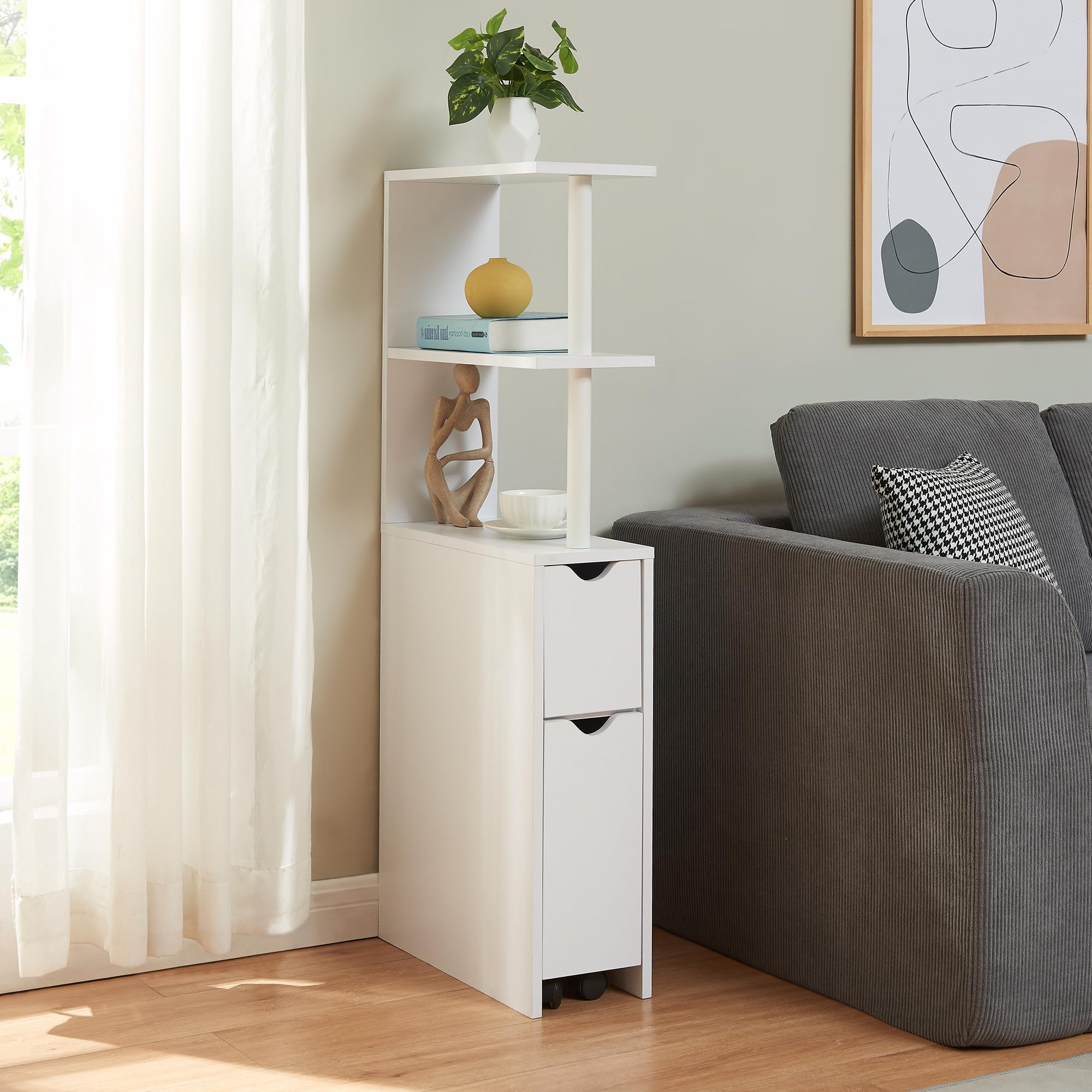 [en.casa] Scaffale da Bagno a 3 Ripiani Aperti Cassetto e Scomparto Chiuso Estraibile Mobile Contenitore Stretto con Vani Porta Oggetti per Cucina Cameretta 113 x 19 x 45 cm - Bianco
