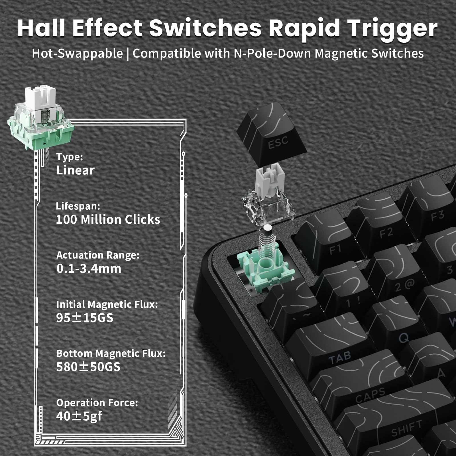 ATTACK SHARK X82PRO HE Teclado Magnético Inalámbrico 75% con Gatillo Rápido, Teclado Gaming con Cable 8000, Switches Hall Effect con Activación Ajustable, QWERTY, C01 Cable Enrollado RGB -Negro