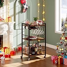 TUTOTAK Bar Cart, Home Bar Serving Cart with 3-Tier Shelf, Drink Cart with Wine Rack, Glass Holder, Rolling bar carts for The Home, Living Room, Brown BC01BB035