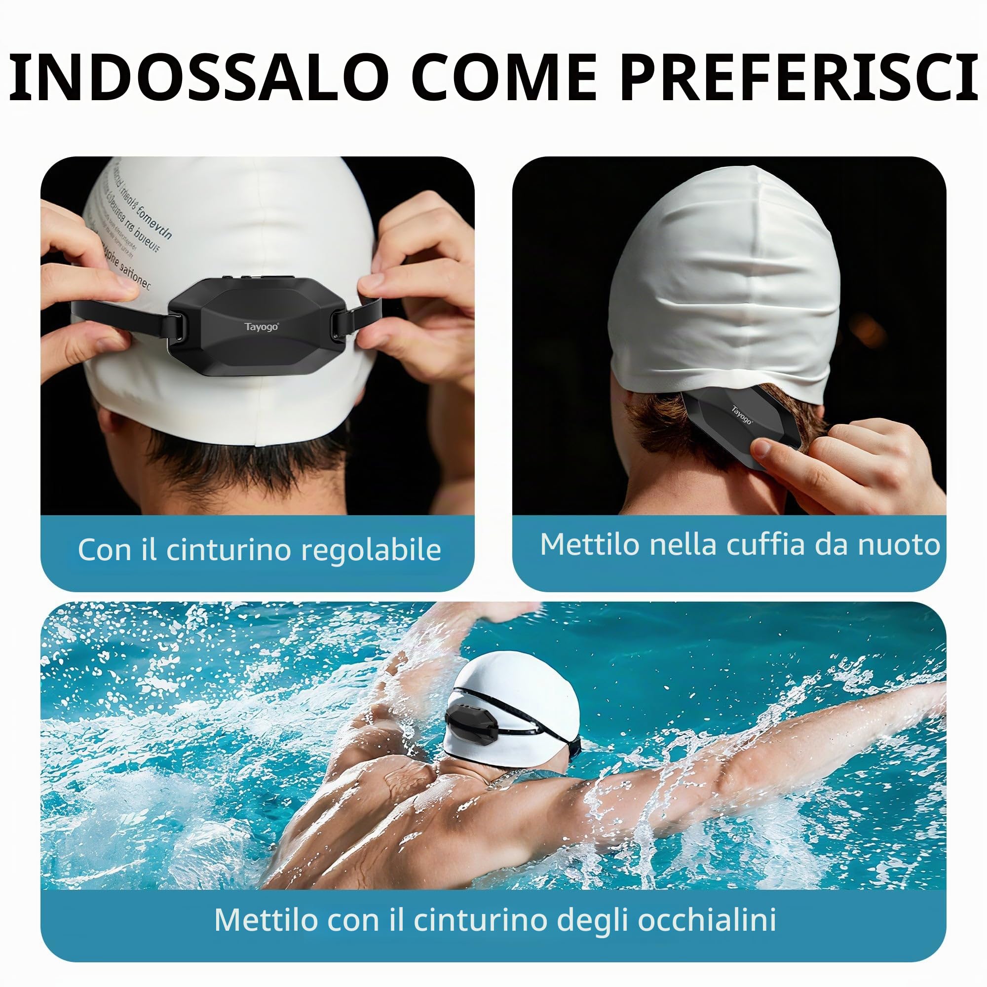 Tayogo ROCK PRO Cuffie a Conduzione Ossea Impermeabili, 4-in-1 Aperte per Nuoto, Corsa e Sport con Bluetooth, MP3, Radio FM e Modalità Ricezione (Nero)