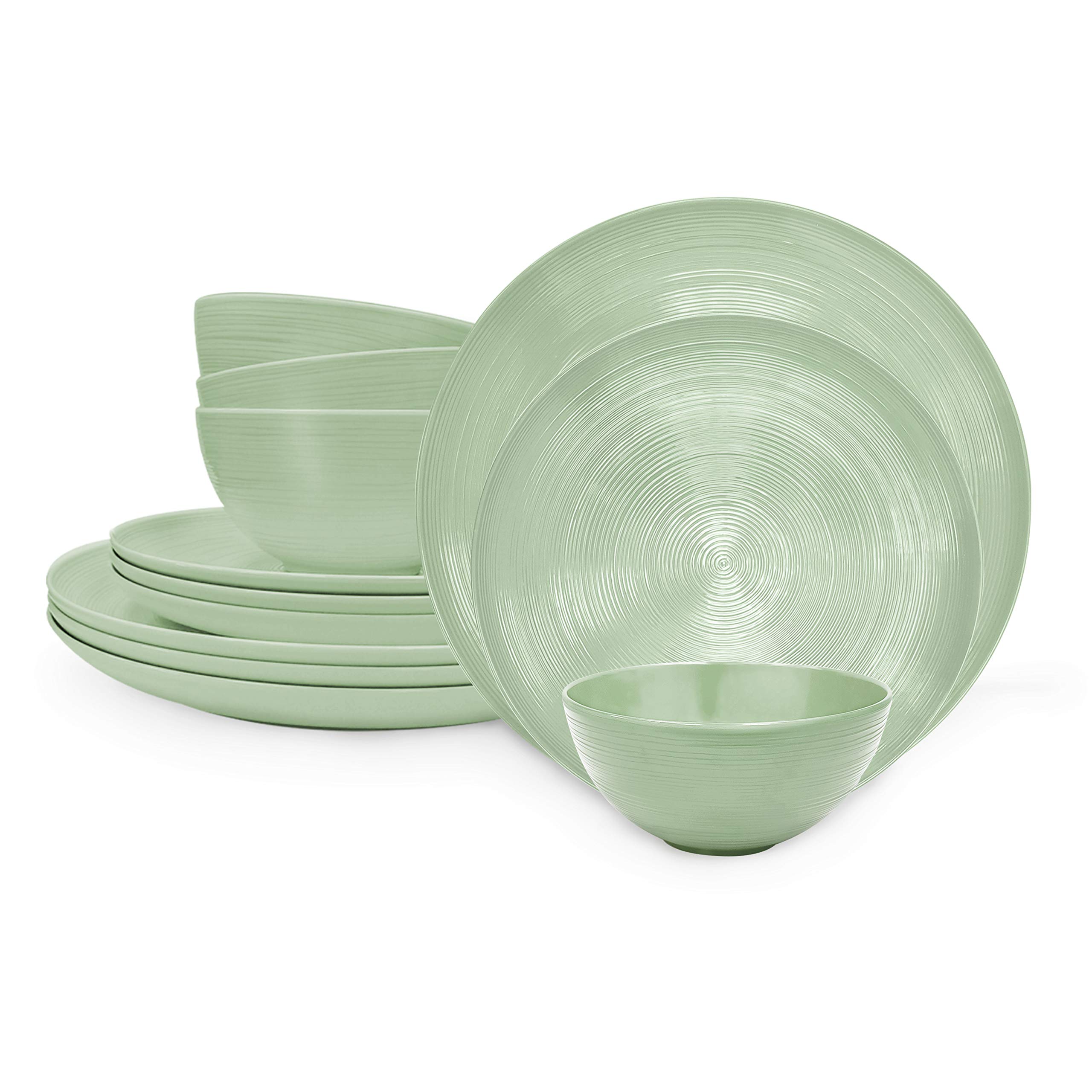 Zak DesignsDinnerware Sets for Indoors and Outdoors, 12 Pieces Melamine Plastic Plates and Bowls for Dinnertime with Family (American Conventional Sage)
