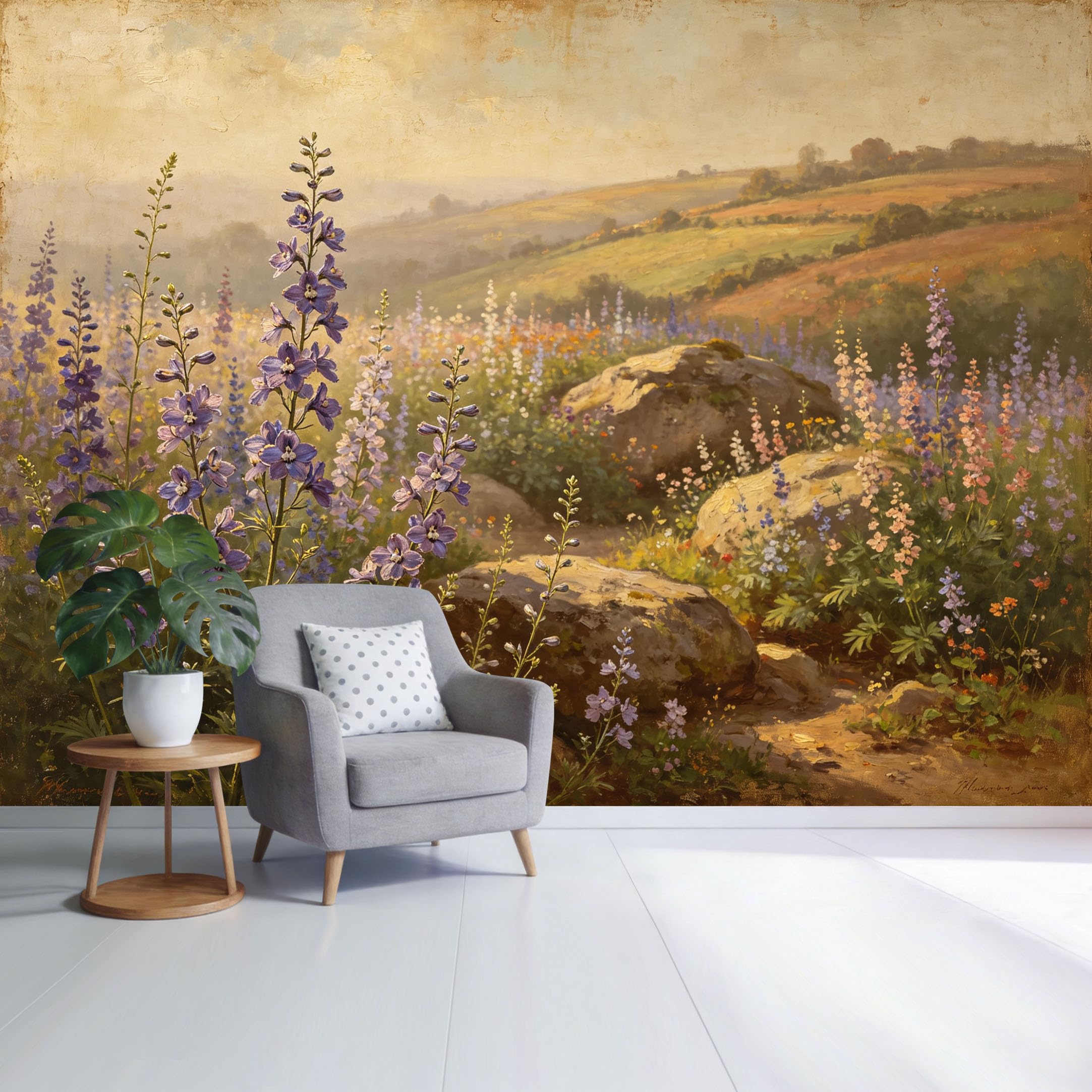 Custom Size Wall Mural Wildflower Meadow Landscape Blooming Field with Rocks and Misty Hills Oil Painting Style SelfAdhesive Wall Fabric Removable Wallpaper for Home Office Decor