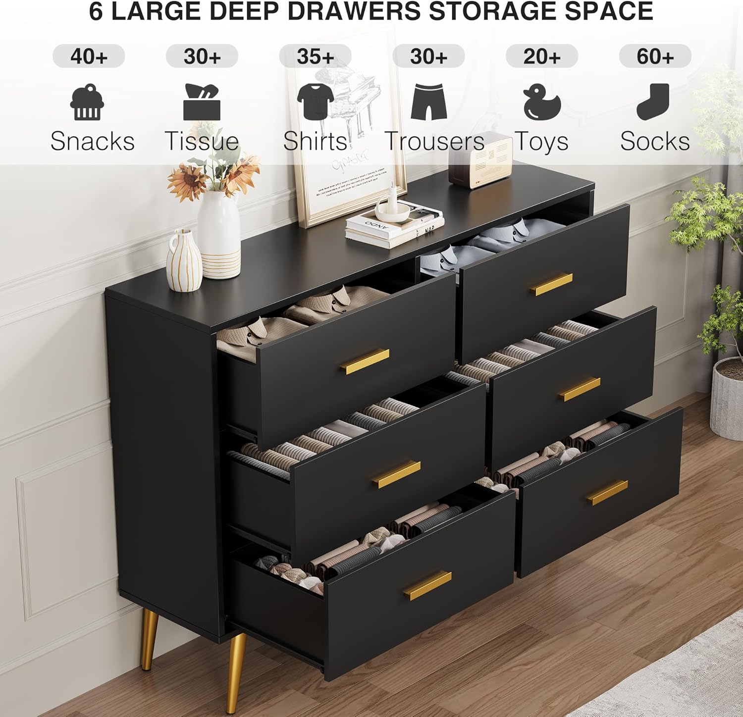 Image showing the six deep drawers filled with various items like snacks, tissues, shirts, trousers, toys, and socks.