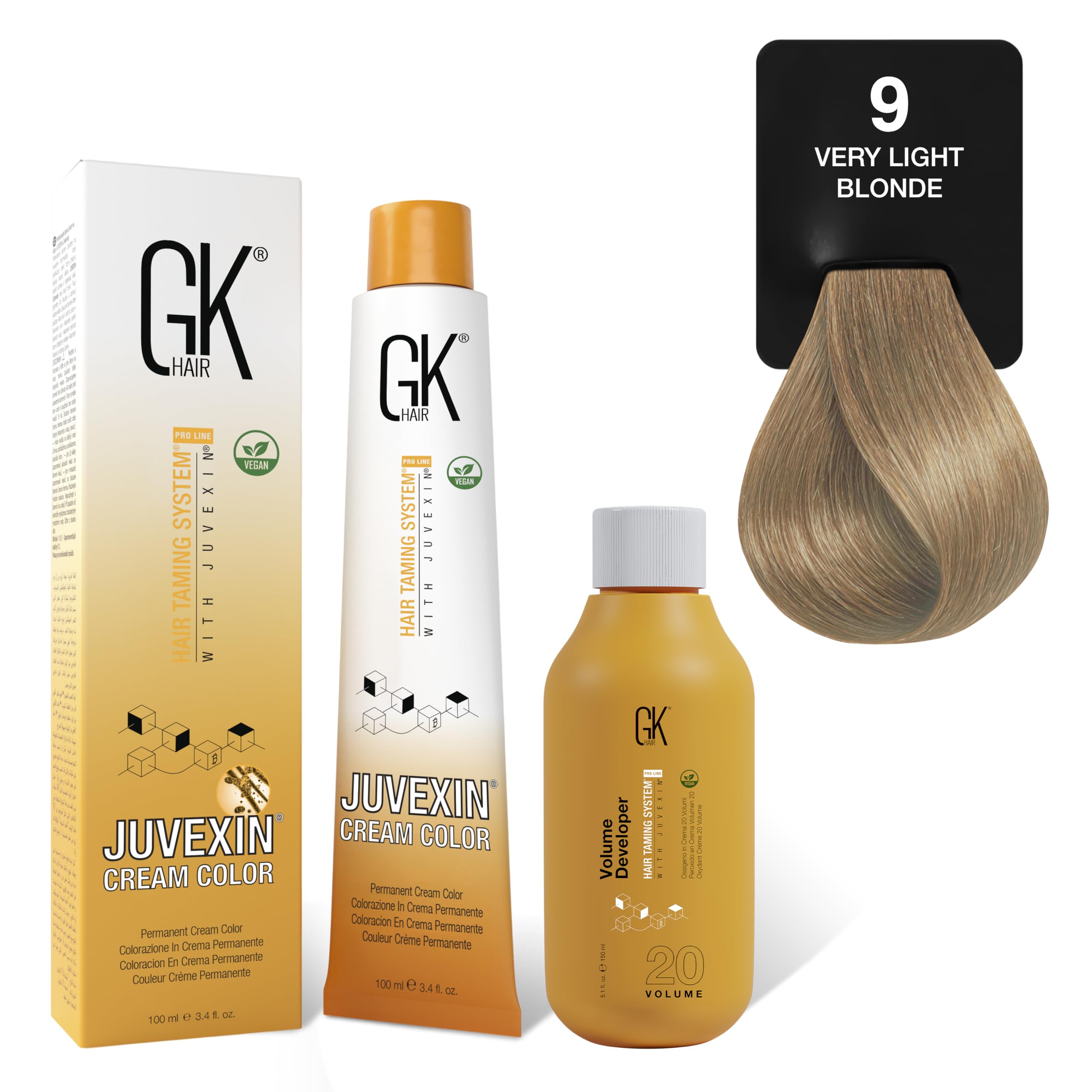 GK HAIR Global Keratin Natural 9 Very Light Blonde Hair Color Cream Tube (3.4 Fl Oz/100ml) + 20 Volume Developer (5 Fl Oz/150ml) - Professional Permanent Long Lasting Toner Dye