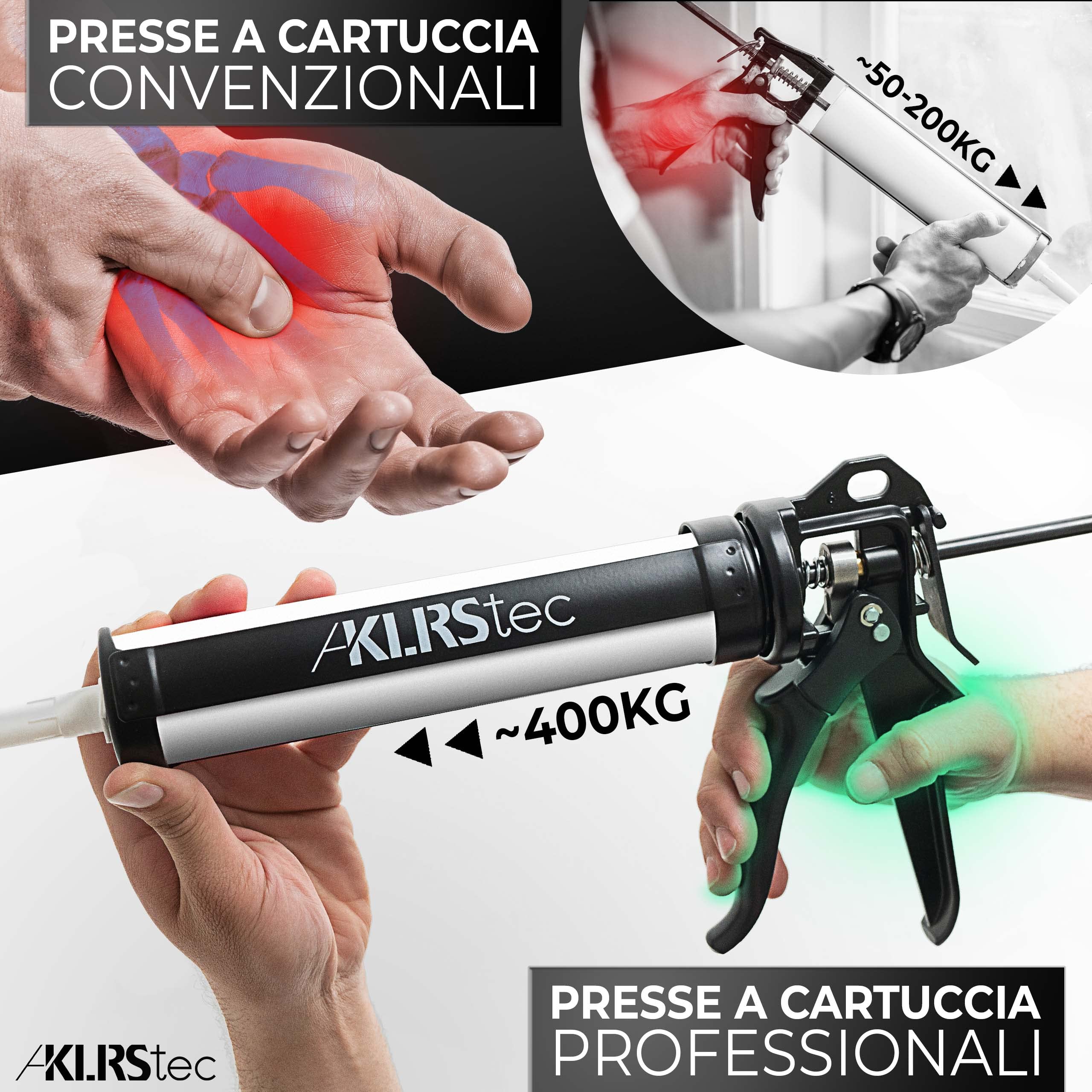 KLRStec® PROFESSIONAL Pistola a cartuccia con rapporto massimo 25:1 - Pistola a cartuccia professionale 4K per tutte le comuni cartucce di sigillante e adesivo da 150-300 ml