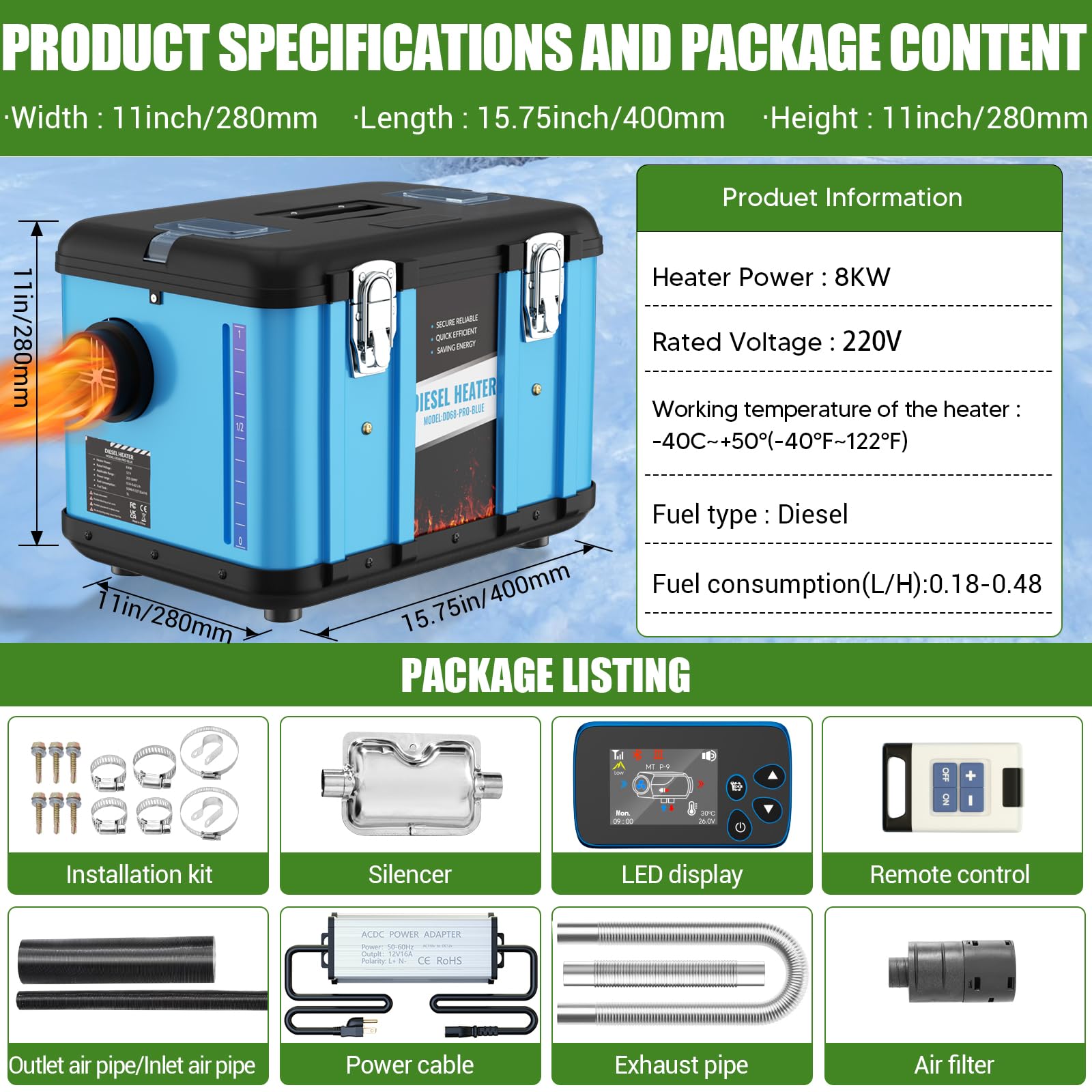 Riscaldatore d'Aria Diesel Tutto in Uno 8 kw 12v, Riscaldatore da Parcheggio Portatile con Controllo App Bluetooth, silenziatore, LCD e Telecomando, per Camper,Campeggio,Camion(Blu)