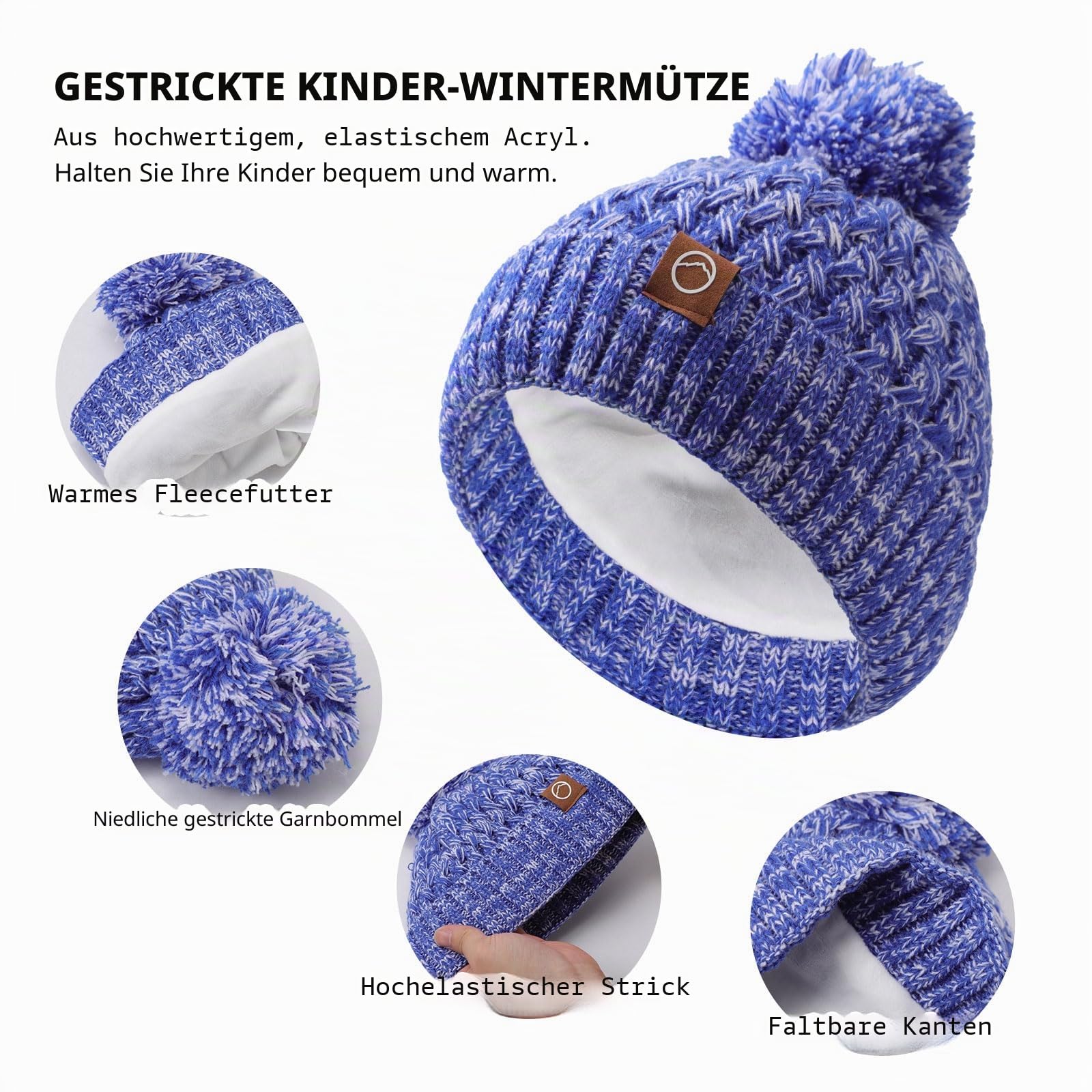 Kinder-Wintermütze, Schal und Handschuhe, warme Thermo-Strickmütze, Halswärmer, Touchscreen-Handschuh mit weichem Fleecefutter, für Mädchen und Jungen, Alter 4–10 Jahre