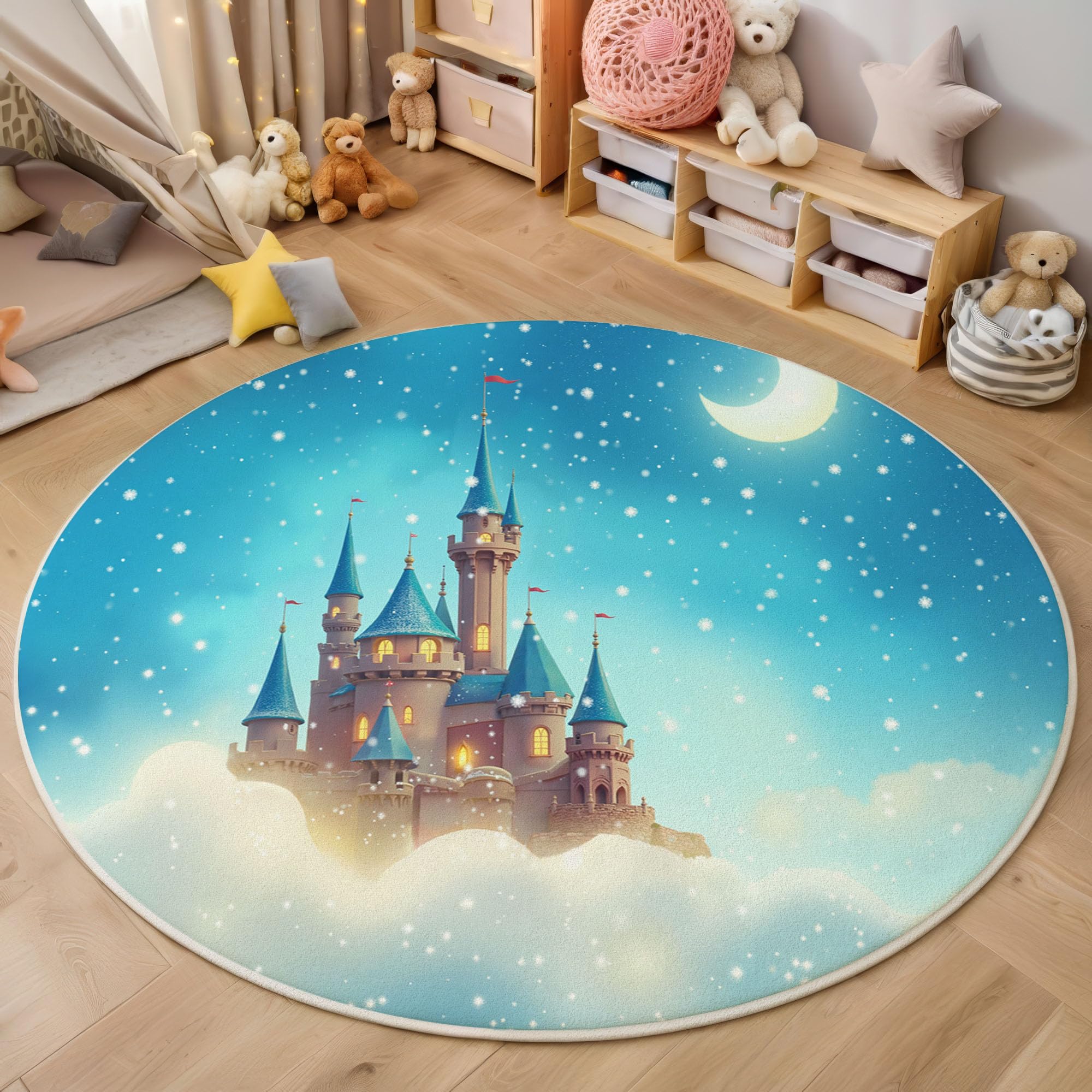 Tapis pour Enfant Rond 120cm - Tapis Doux et Douillet - pour Salon - Tapi pour Filles - Chambre à Coucher - Chambre d'enfant - Tapi Fin - Thème des rêves Château, étoiles et Lune
